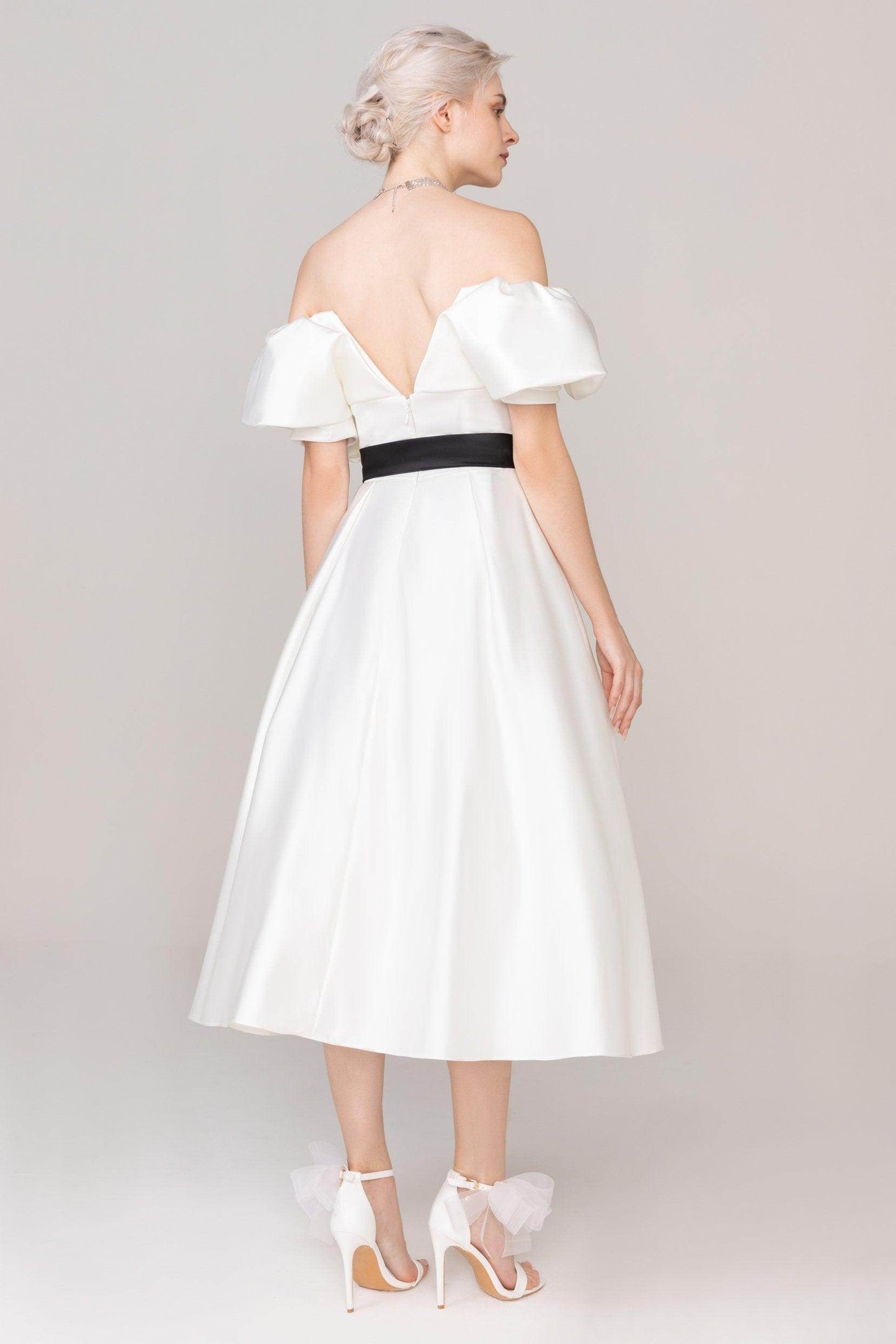 A-Line Tea Length Satin Wedding Dress CW2407 - COCOMELODY