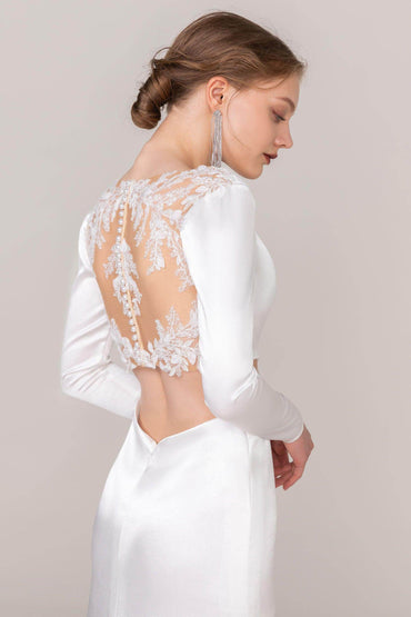 Sheath-Column Sweep-Brush Train Satin Wedding Dress CW2411 - COCOMELODY