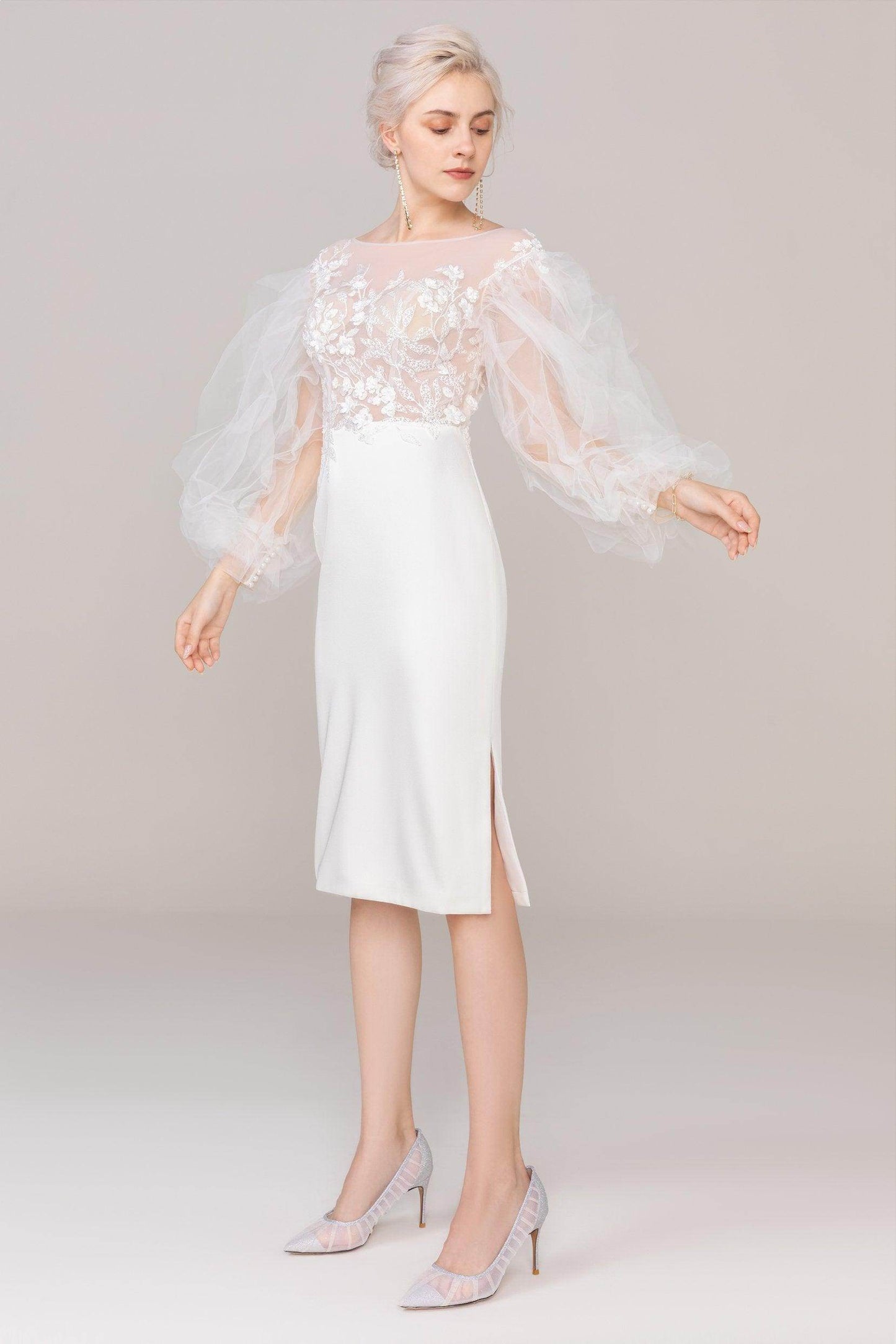 Sheath Knee Length Elastic Cloth Tulle Wedding Dress CW2420 - COCOMELODY