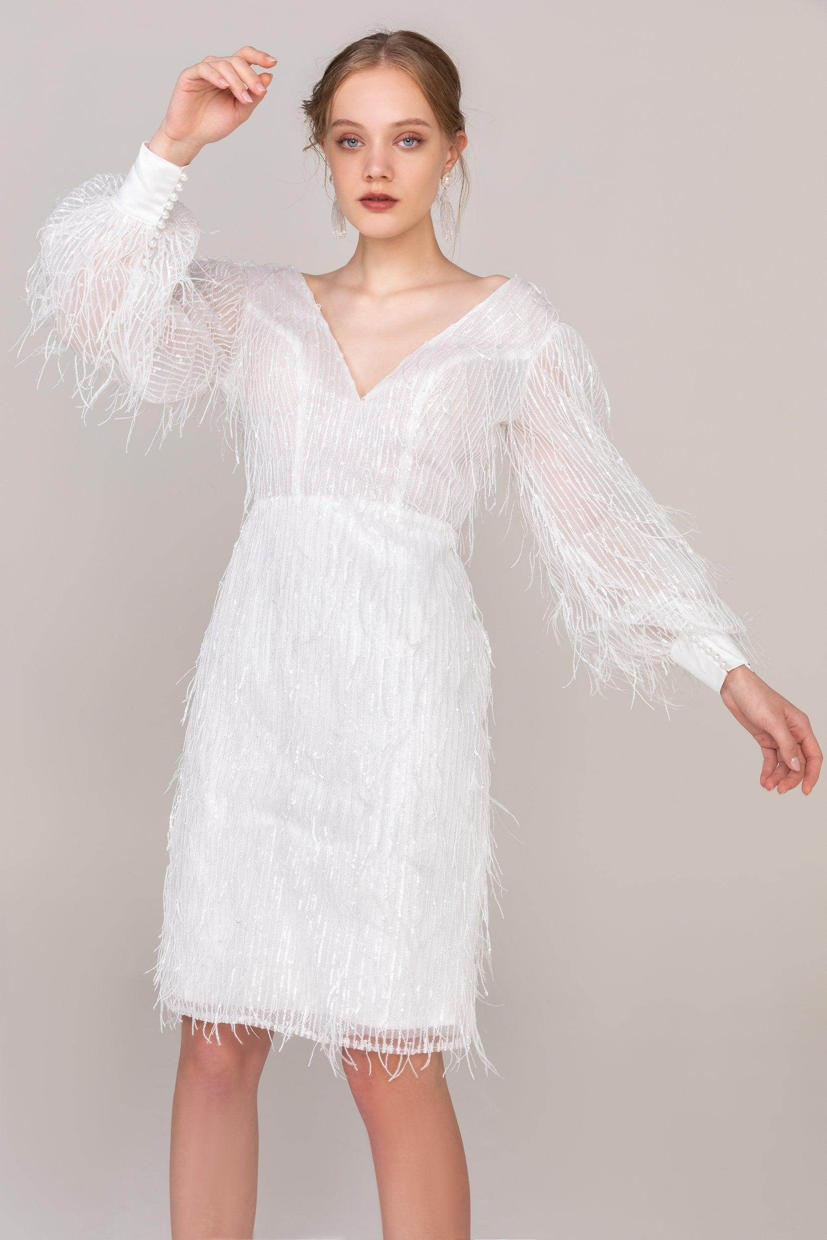 Sheath-Column Short-Mini Sequined Lace Wedding Dress CW2435 - COCOMELODY