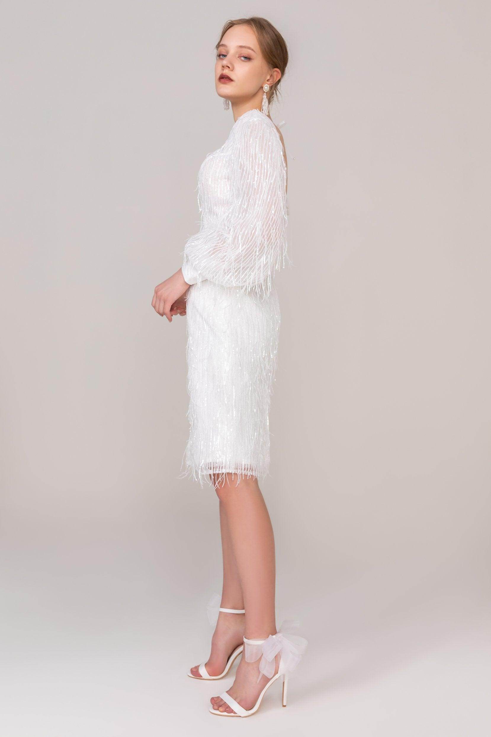 Sheath-Column Short-Mini Sequined Lace Wedding Dress CW2435 - COCOMELODY