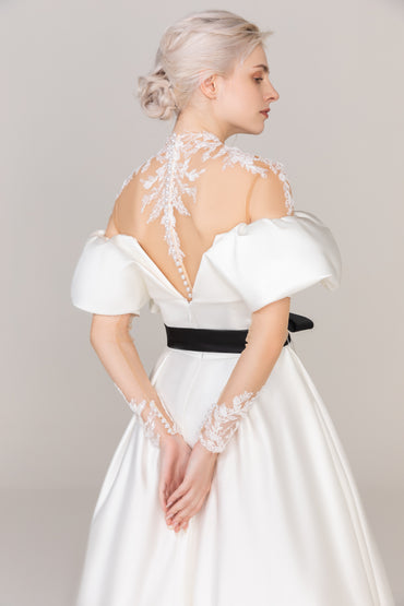 A-Line Tea Length Satin Tulle Wedding Dress CW2459