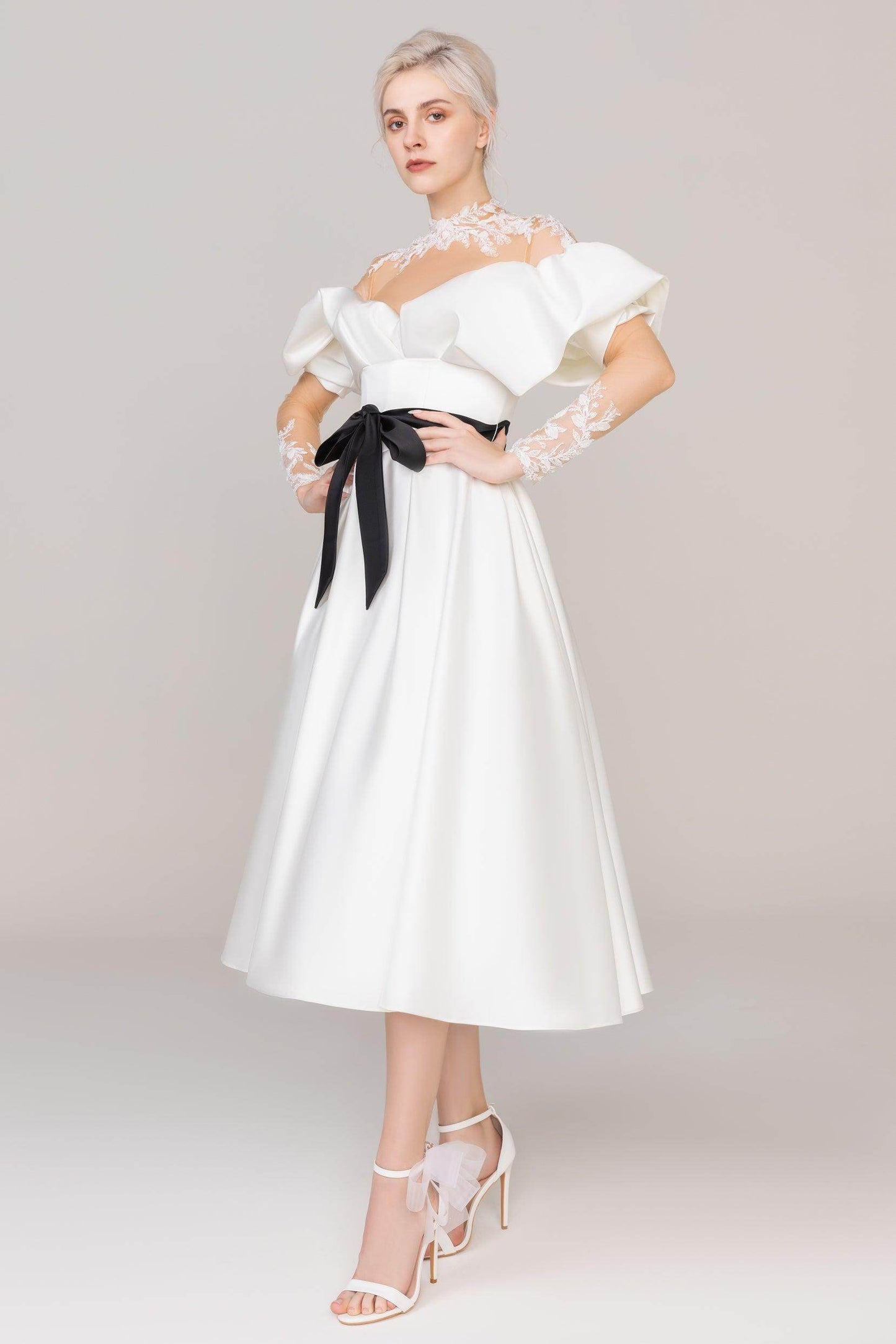 A-Line Tea Length Satin Tulle Wedding Dress CW2459 - COCOMELODY