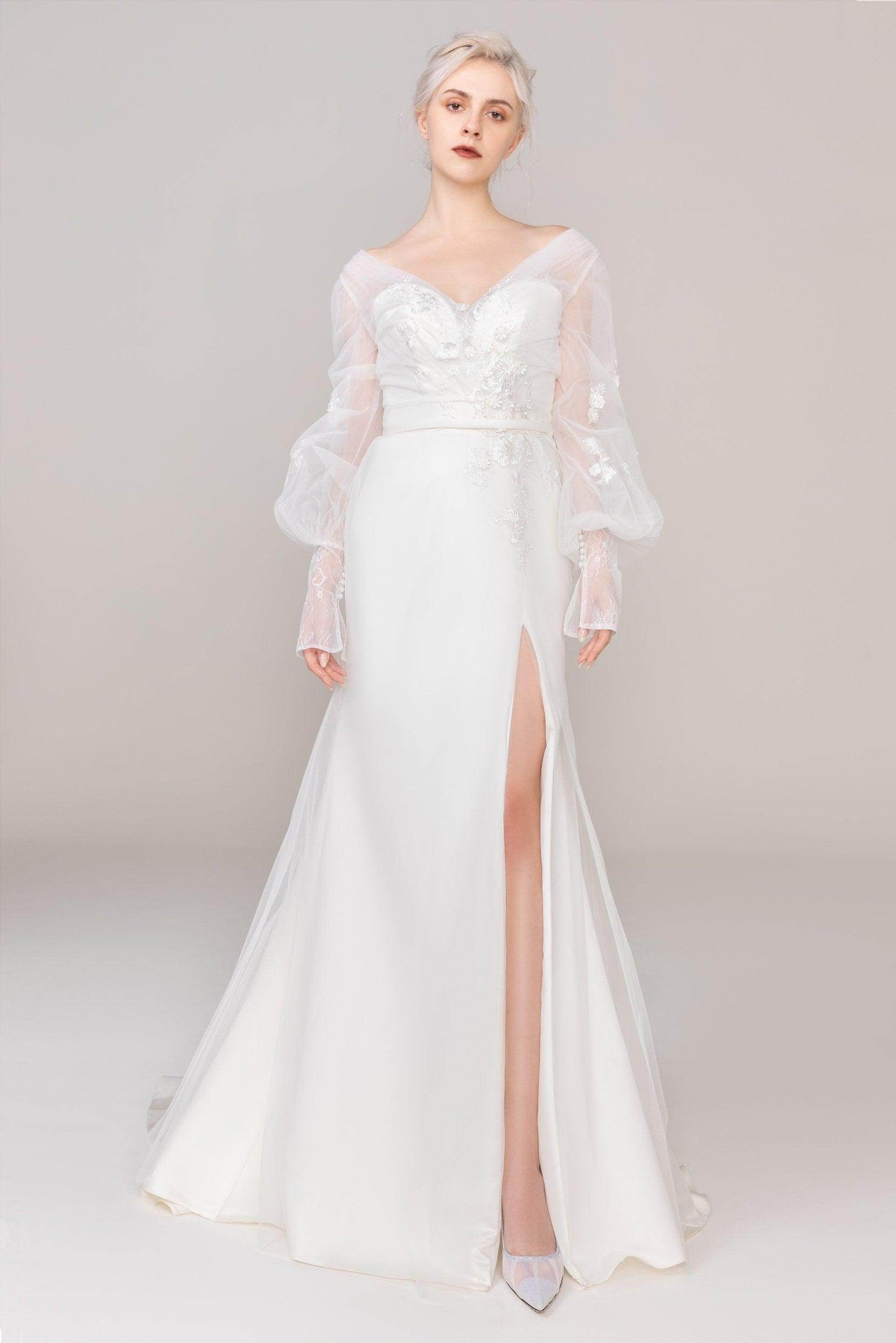 Trumpet-Mermaid Sweep Train Tulle Satin Wedding Dress CW2474 - COCOMELODY