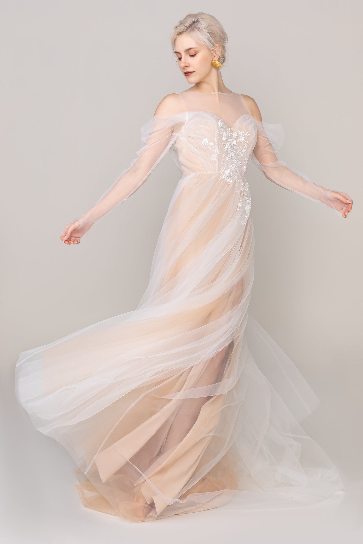 A-Line Sweep Train Tulle Elastic Cloth Wedding Dress CW2483