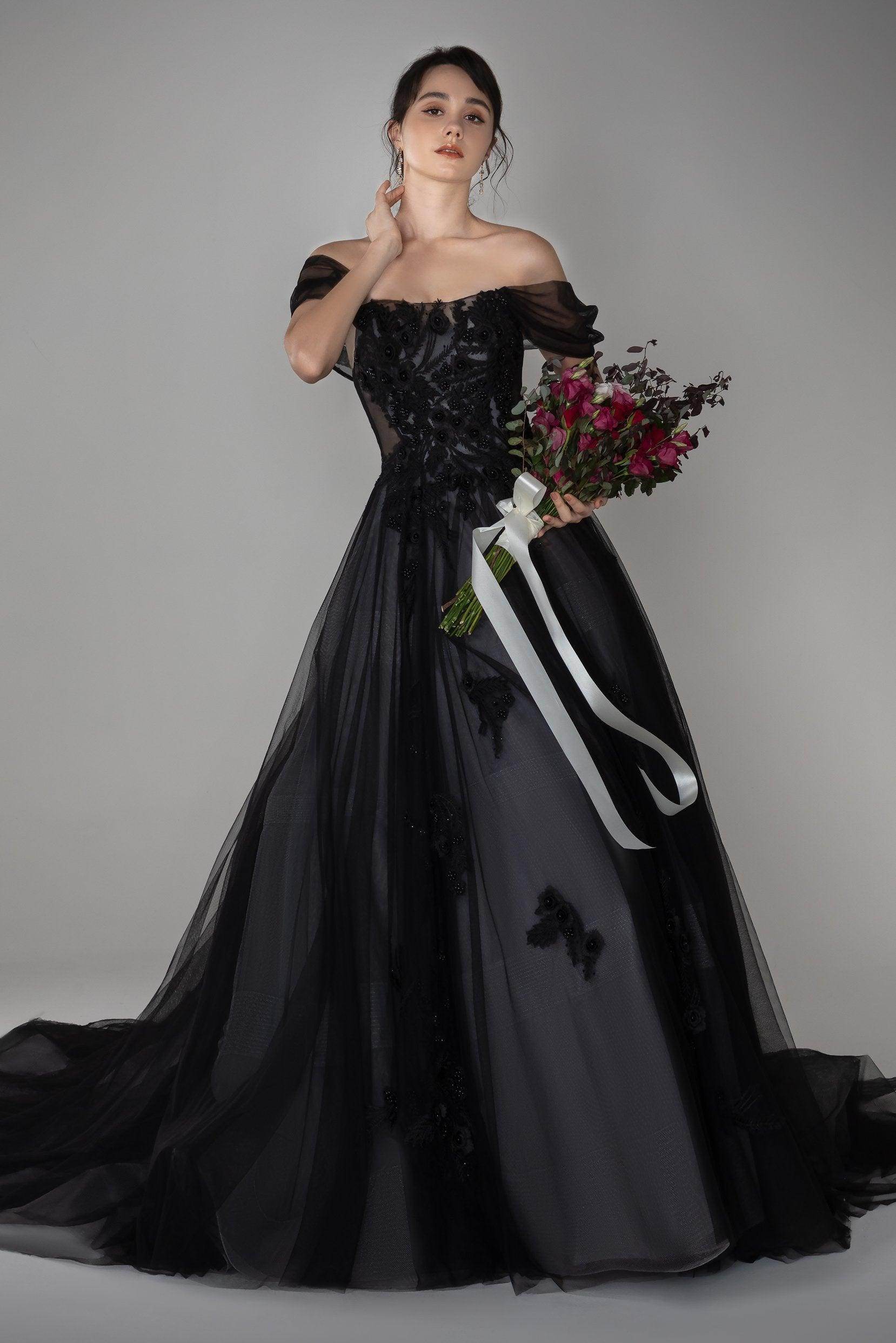 Black A-line Off the Shoulder Tulle Appliques Wedding Dress COCOMELODY CW2502, 45 Days / Ivory / US18-UK20-EUR48