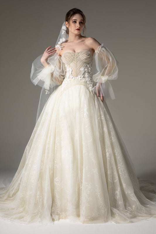 A-Line Chapel Train Tulle Wedding Dress CW2507