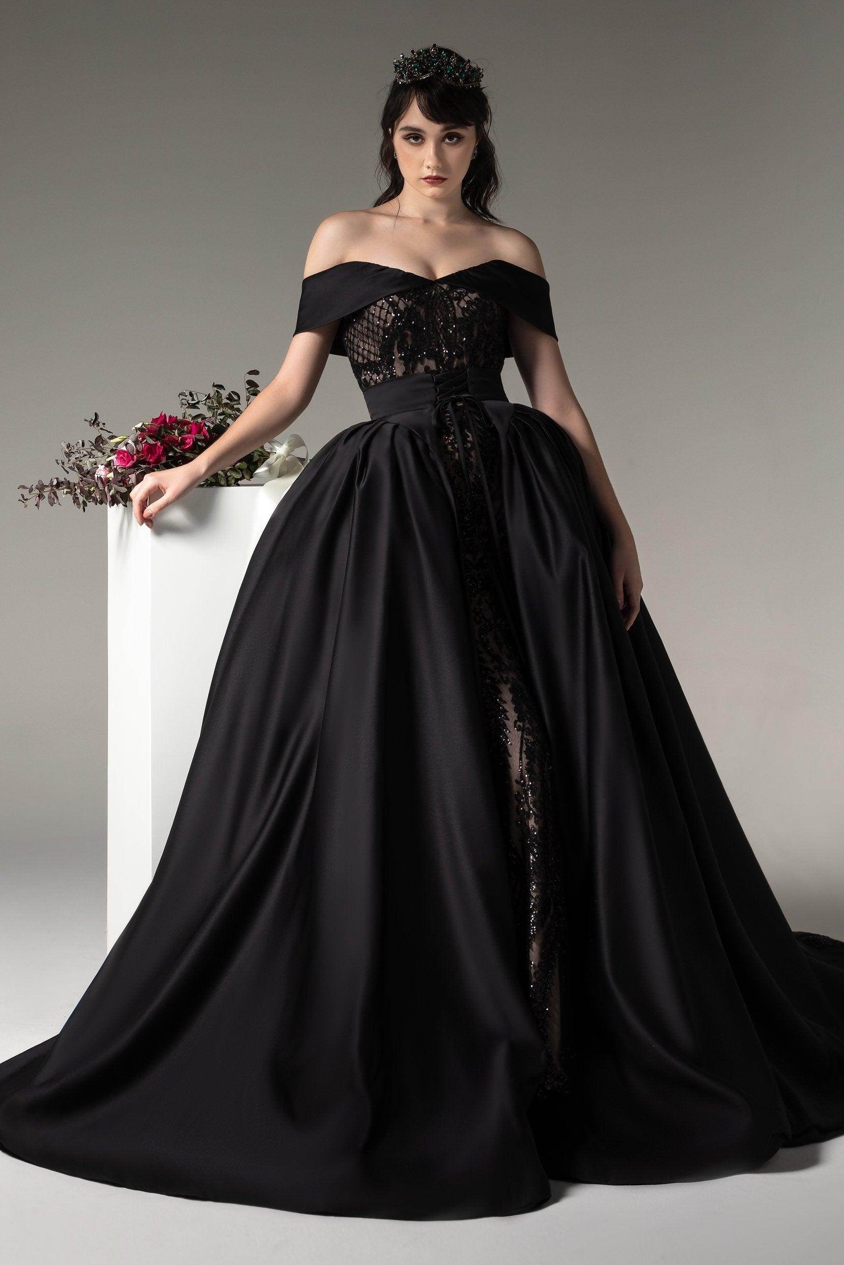 Off Shoulder Princess Black Wedding Dress Satin Detachable Skirt COCOMELODY CW2513, 45 Days / Black / US0-UK2-EUR30 Off Shoulder Princess Black Wedding Dress Satin Detachable Skirt COCOMELODY CW2513, 45 Days / Black / US0-UK2-EUR30