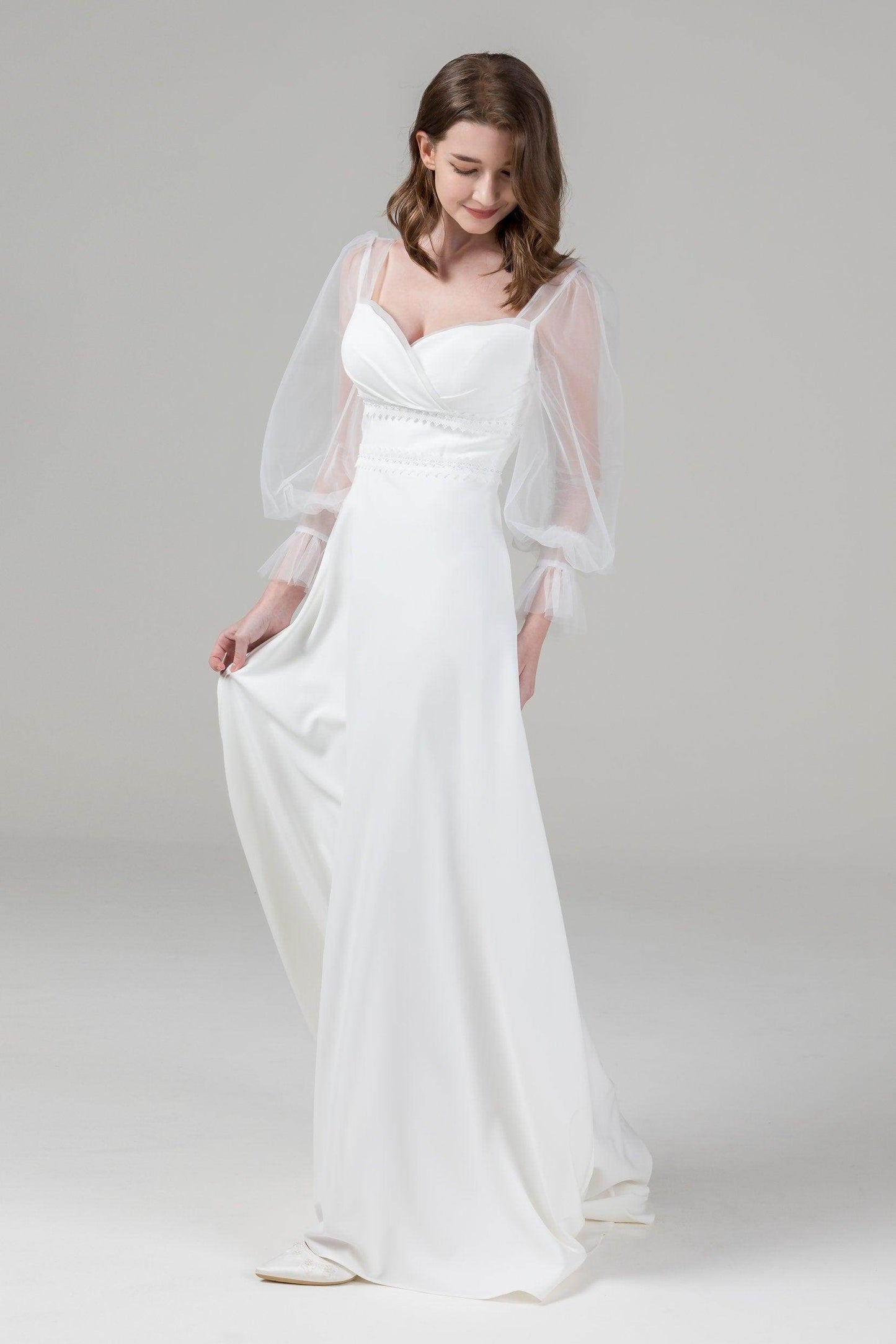 A-Line Sweep-Brush Train Elastic Cloth Wedding Dress CW2582 - COCOMELODY