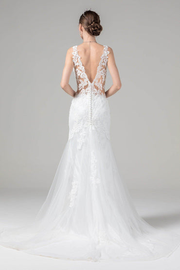 Fit-and-Flare Court Train Tulle Lace Wedding Dress CW2589 - COCOMELODY