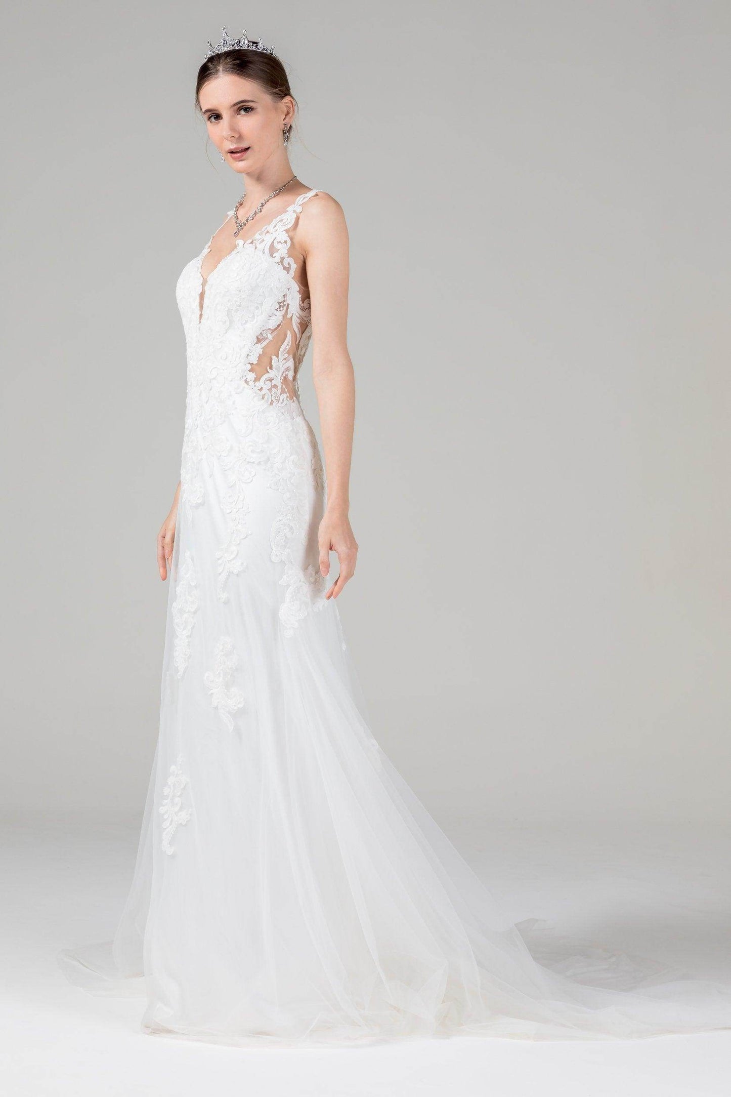 Fit-and-Flare Court Train Tulle Lace Wedding Dress CW2589 - COCOMELODY