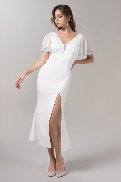 Mermaid Tea Length Elastic Knitted Fabric Wedding Dress CW2633