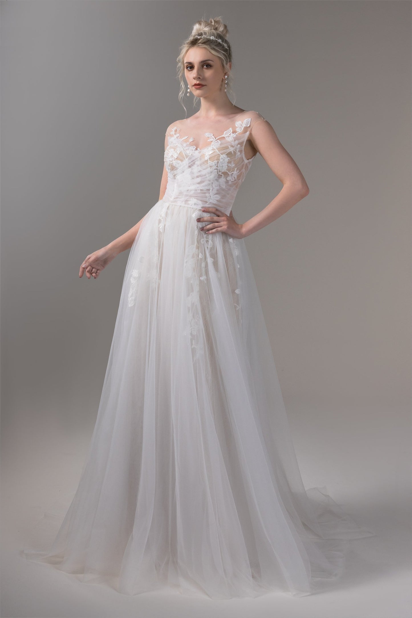 A-Line Sweep-Brush Train Lace Tulle Wedding Dress CW2653