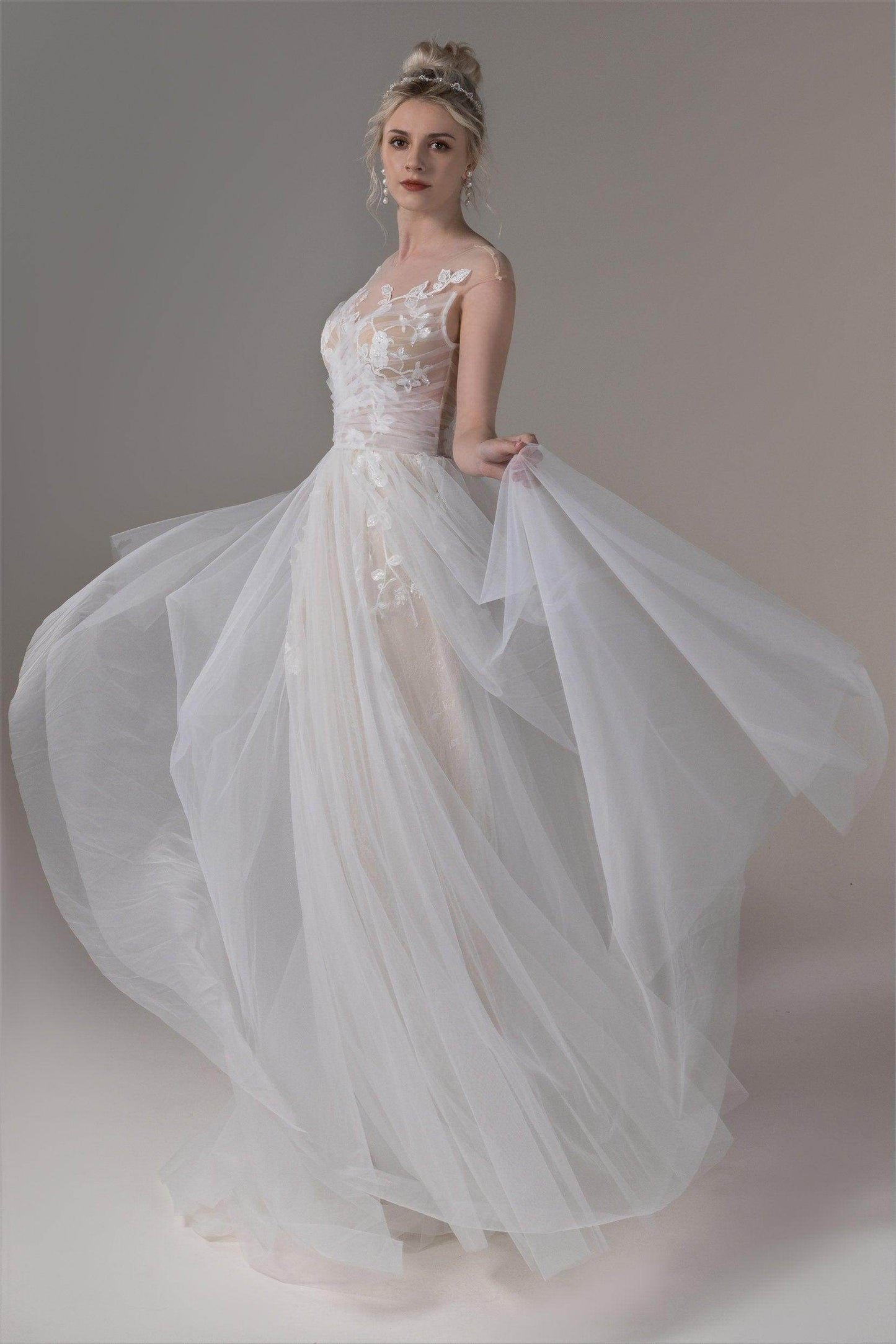 A-Line Sweep-Brush Train Lace Tulle Wedding Dress CW2653