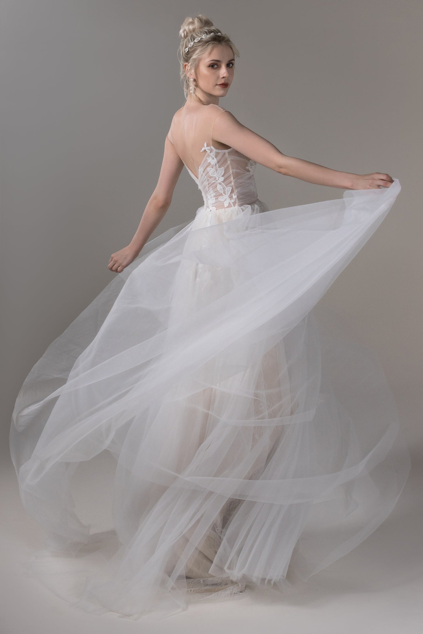 A-Line Sweep-Brush Train Lace Tulle Wedding Dress CW2653