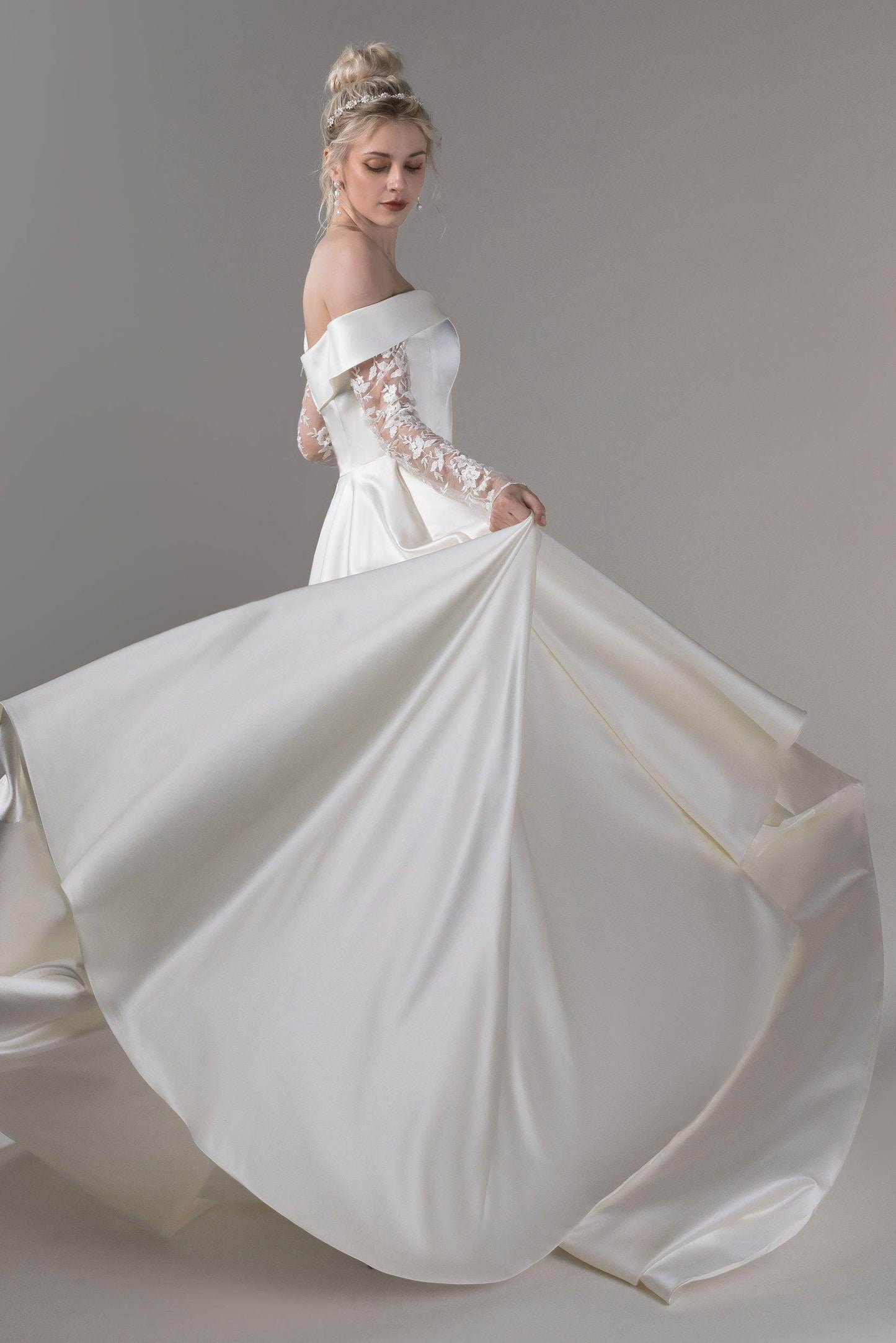 A-Line Court Train Satin Wedding Dress CW2655CR - COCOMELODY