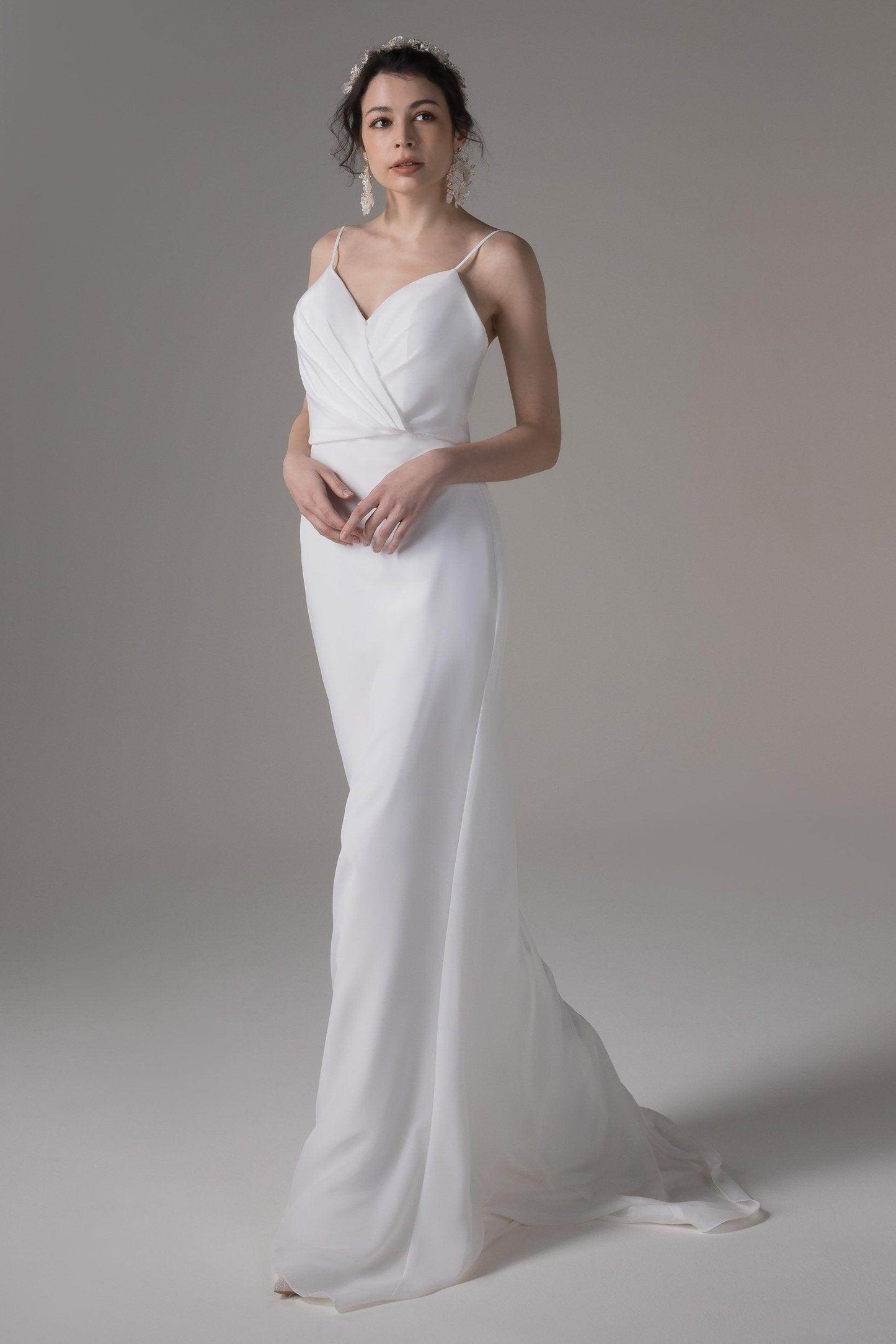 Sheath-Column Court Train Satin Chiffon Wedding Dress CW2656 - COCOMELODY