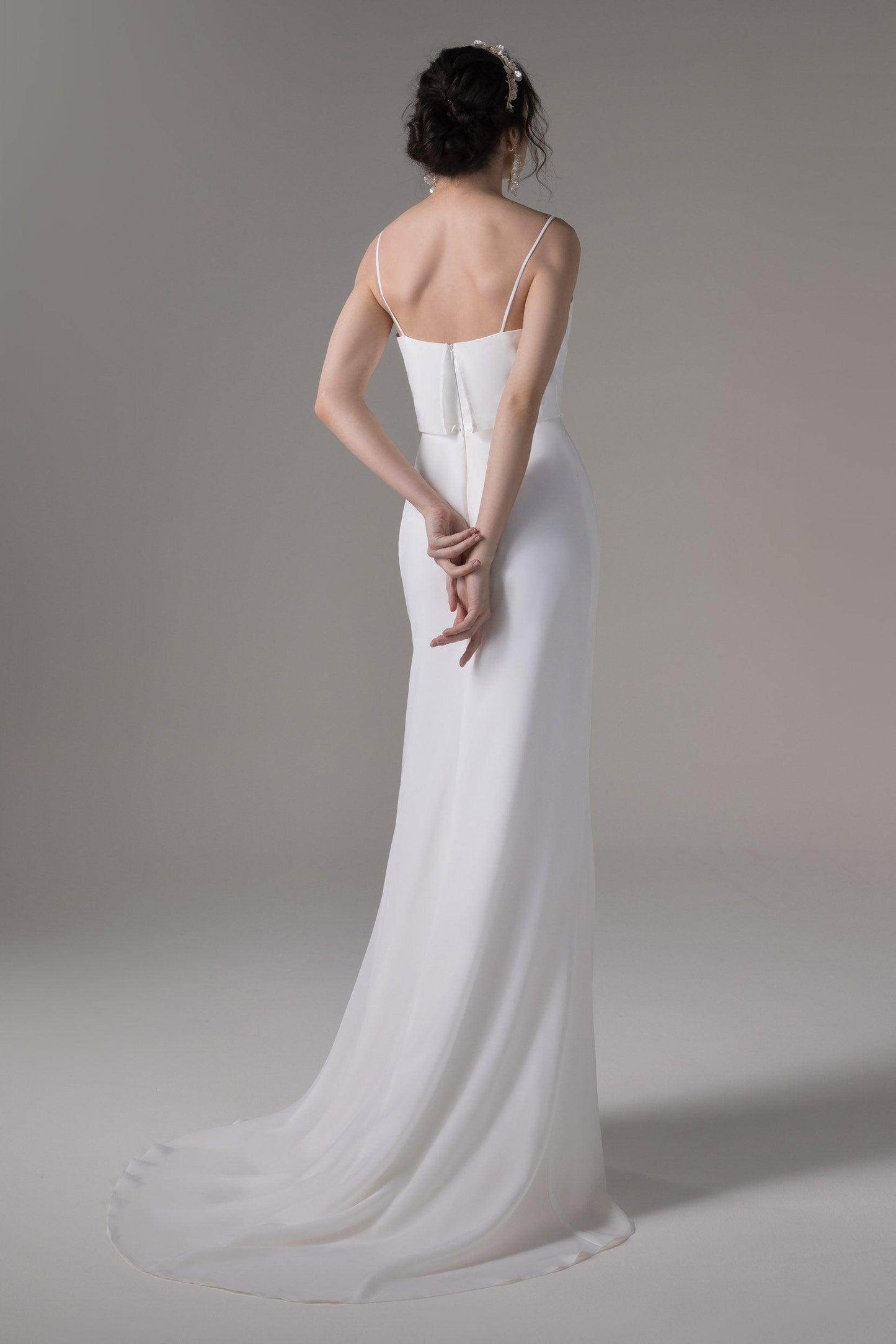 Sheath-Column Court Train Satin Chiffon Wedding Dress CW2656 - COCOMELODY