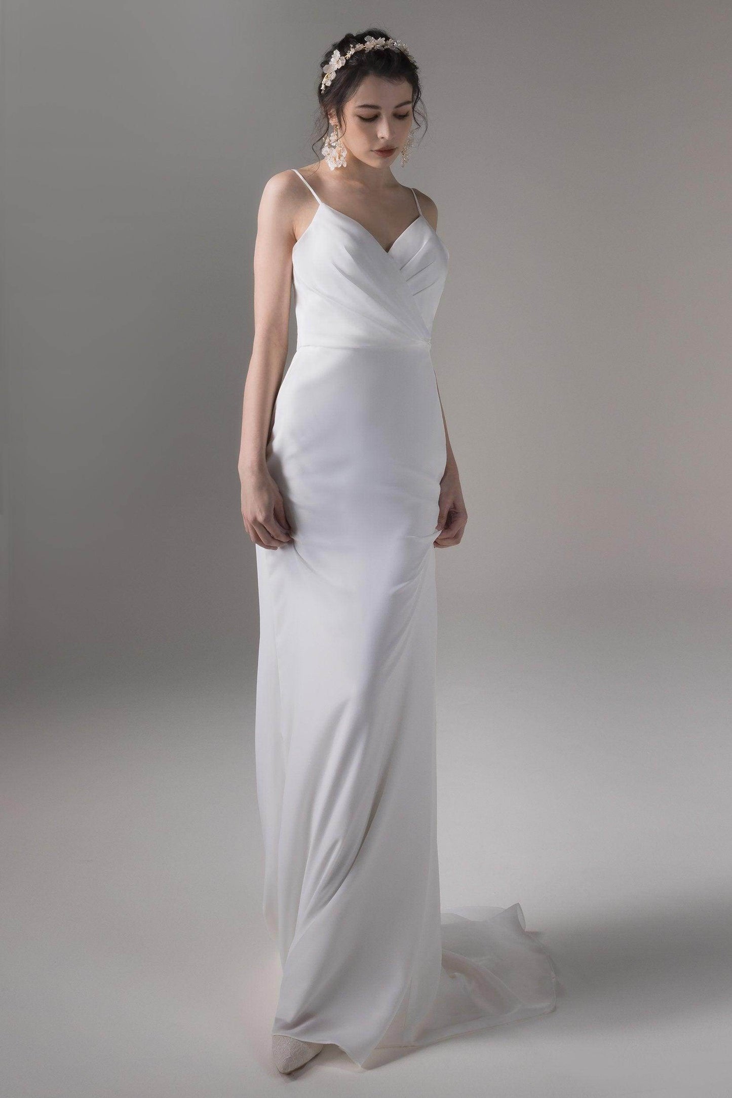 Sheath-Column Court Train Satin Chiffon Wedding Dress CW2656 - COCOMELODY