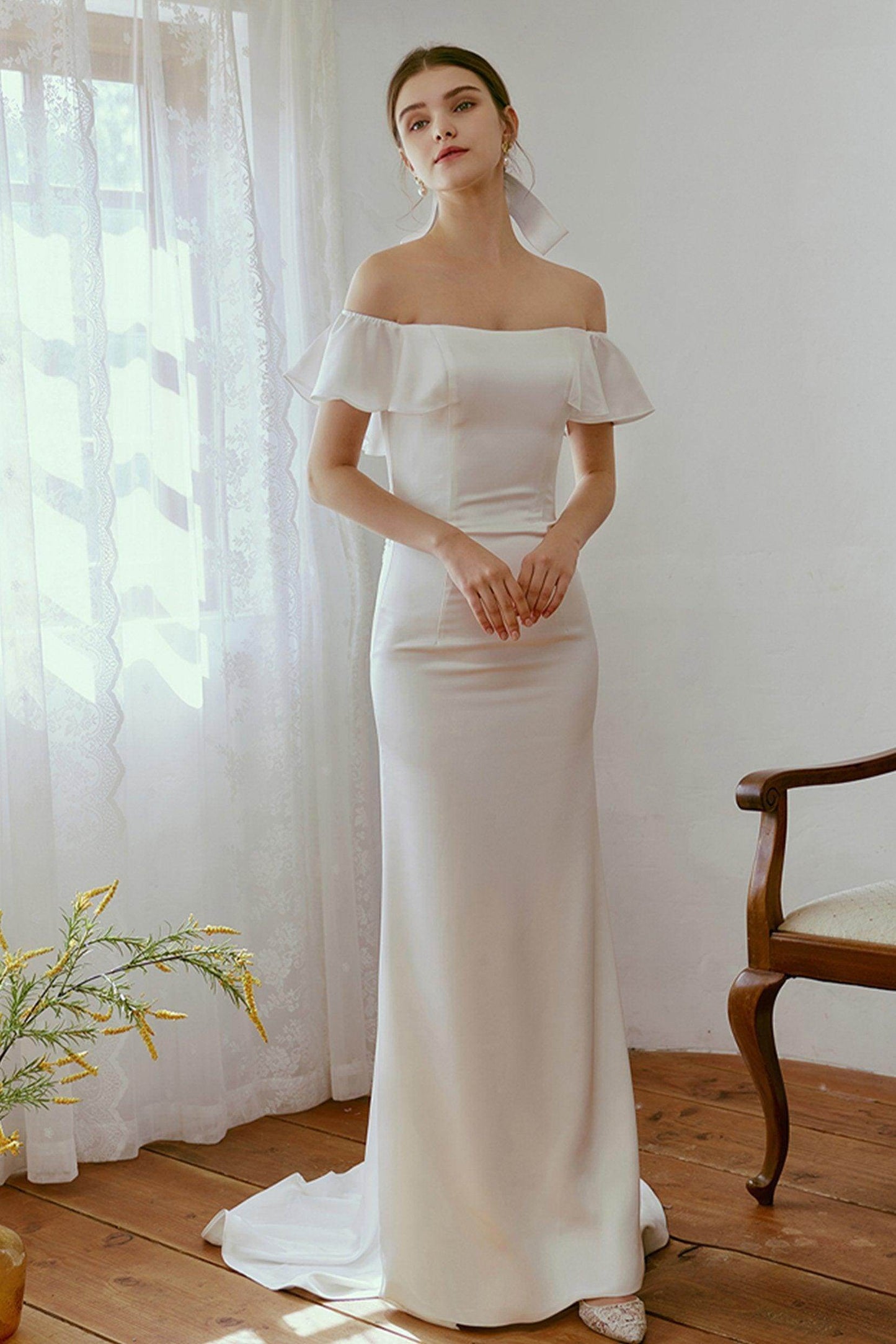 Sheath-Column Sweep-Brush Train Satin Wedding Dress CW2667 - COCOMELODY