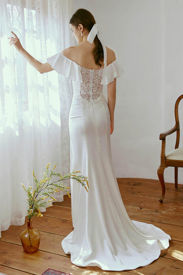 Sheath-Column Sweep-Brush Train Satin Wedding Dress CW2667 - COCOMELODY