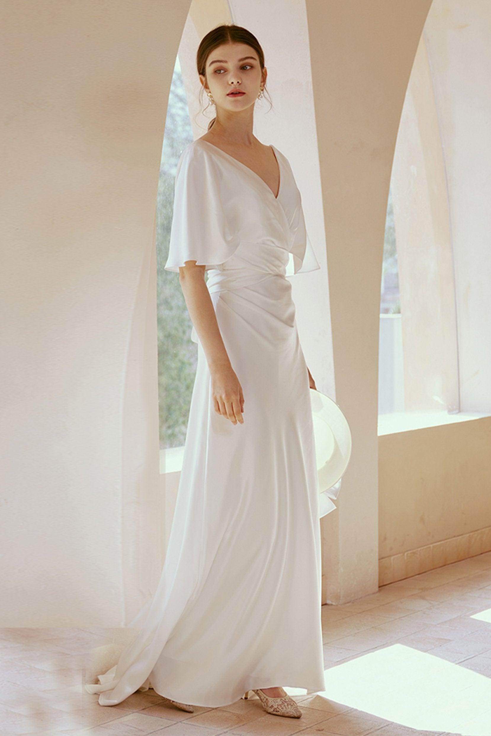 Sheath-Column Floor Length Satin Ruffle Sleeve Wedding Dress COCOMELODY CW2668, 25 Days / Ivory / US8-UK10-EUR38 Sheath-Column Floor Length Satin Ruffle Sleeve Wedding Dress COCOMELODY CW2668, 25 Days / Ivory / US8-UK10-EUR38