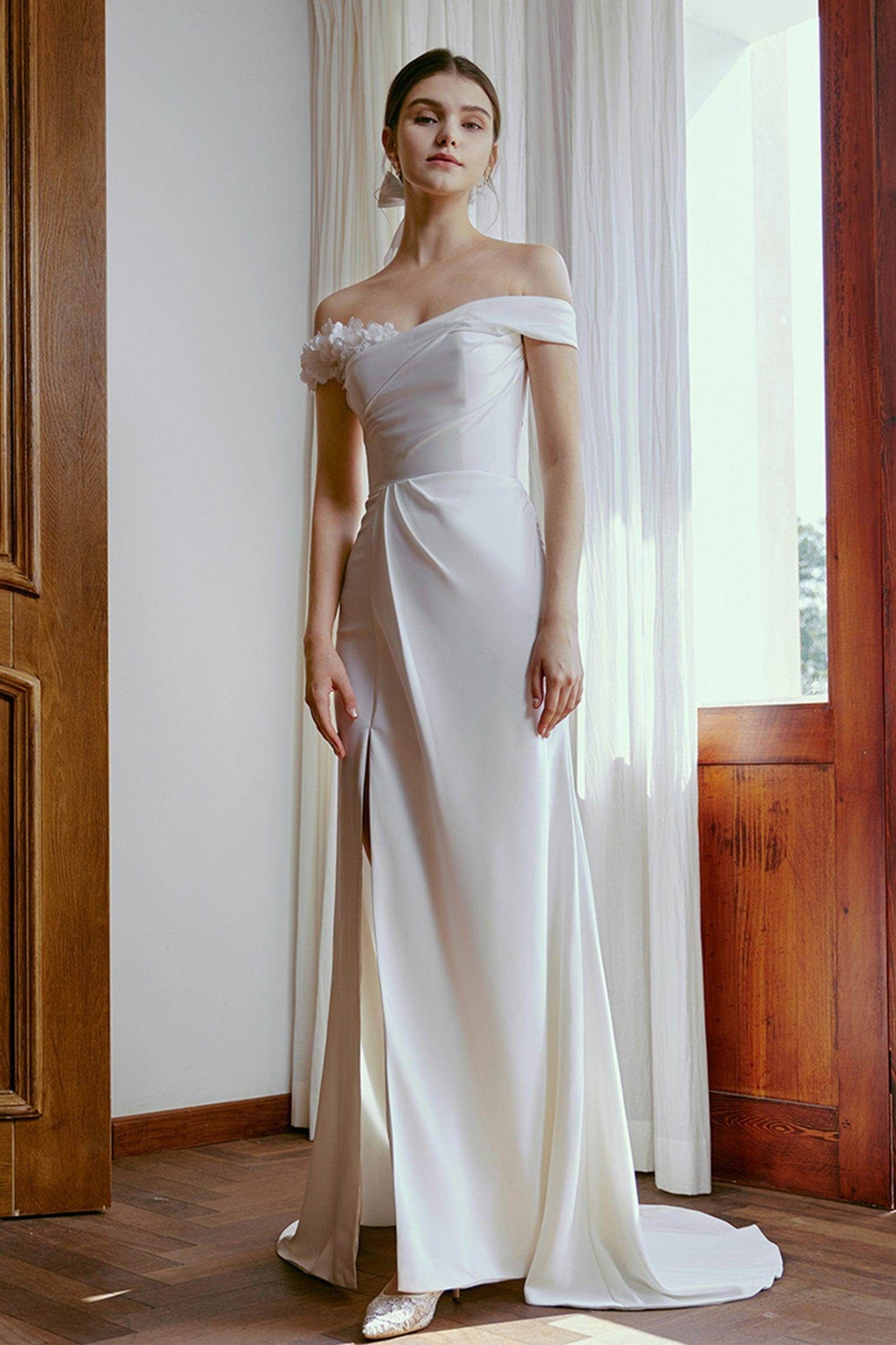 Sheath Sweep-Brush Train Elastic Cloth Wedding Dress CW2675 - COCOMELODY