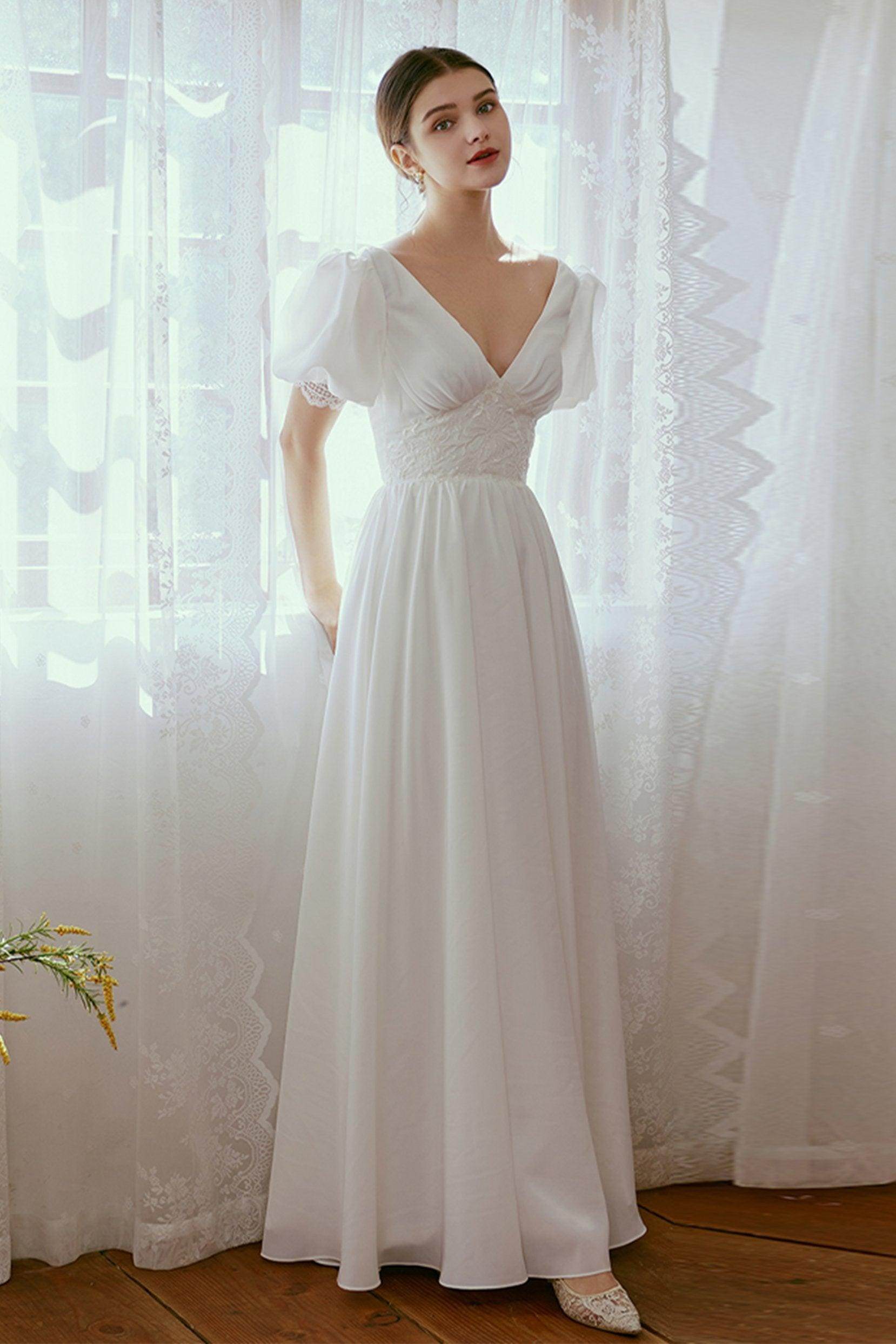 Simple Beach Wedding Dresses V-Neck Short Sleeves Bridal Gown with Lace COCOMELODY CW2676, 25 Days / As Picture / US6-UK8-EUR36 Simple Beach Wedding Dresses V-Neck Short Sleeves Bridal Gown with Lace COCOMELODY CW2676, 25 Days / As Picture / US6-UK8-EUR36