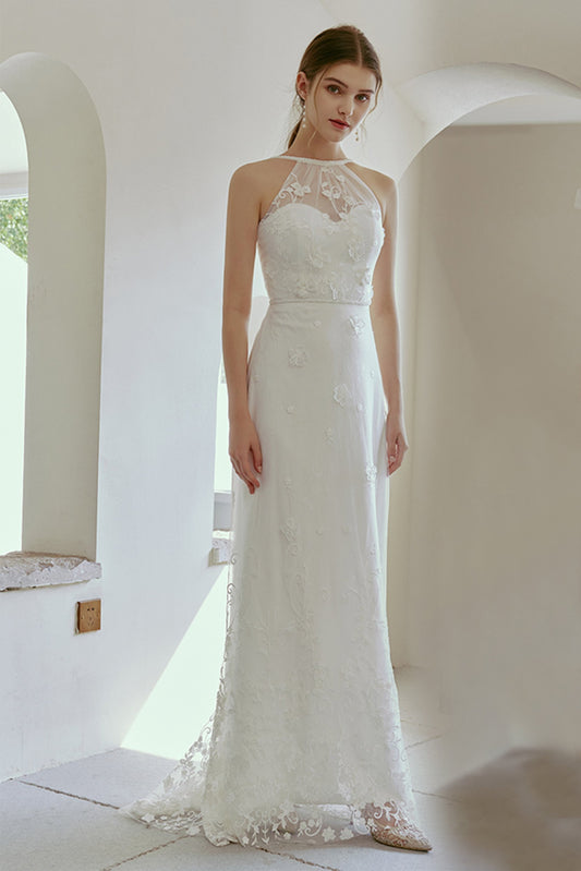 Sheath Sweep-Brush Train Lace Tulle Wedding Dress CW2680