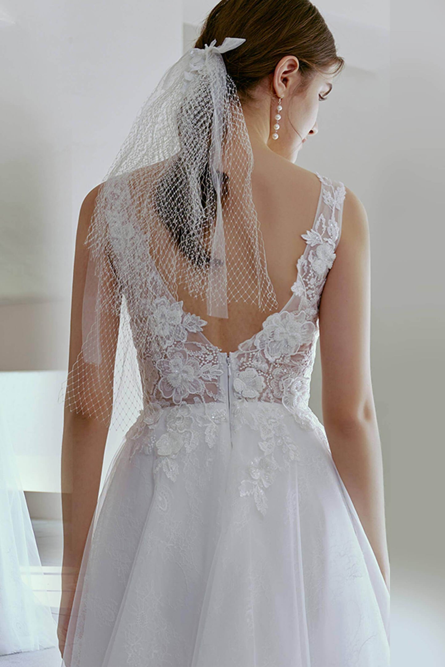 A-Line Sweep-Brush Train Lace Tulle Wedding Dress CW2681 - COCOMELODY