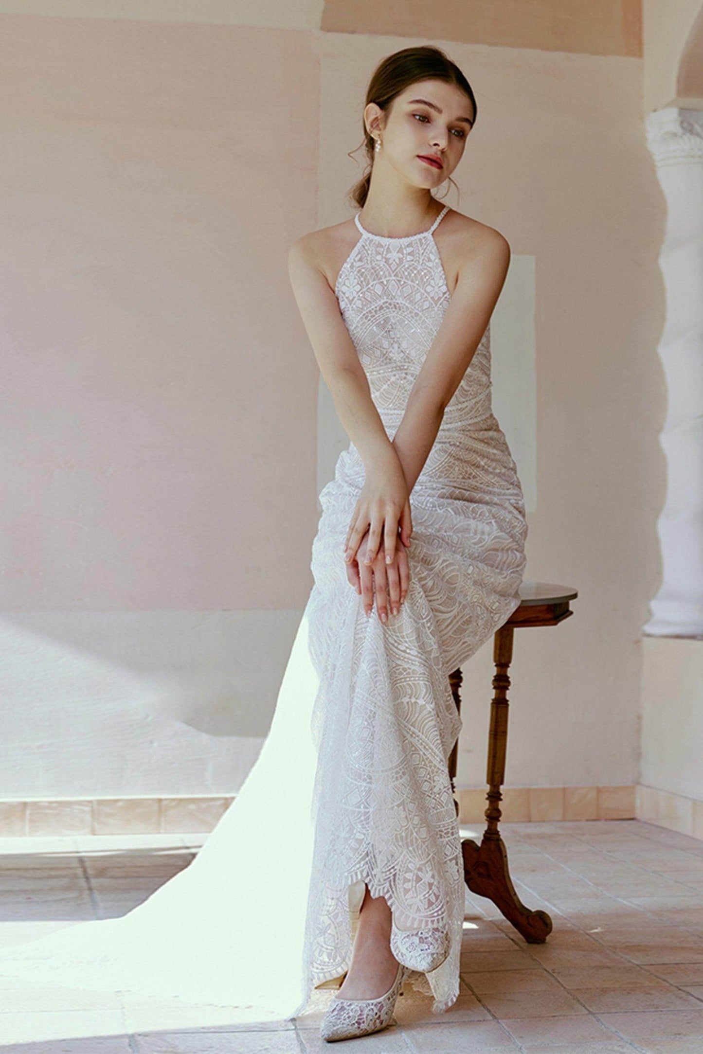 Sheath Sweep-Brush Train Lace Tulle Wedding Dress CW2682 - COCOMELODY