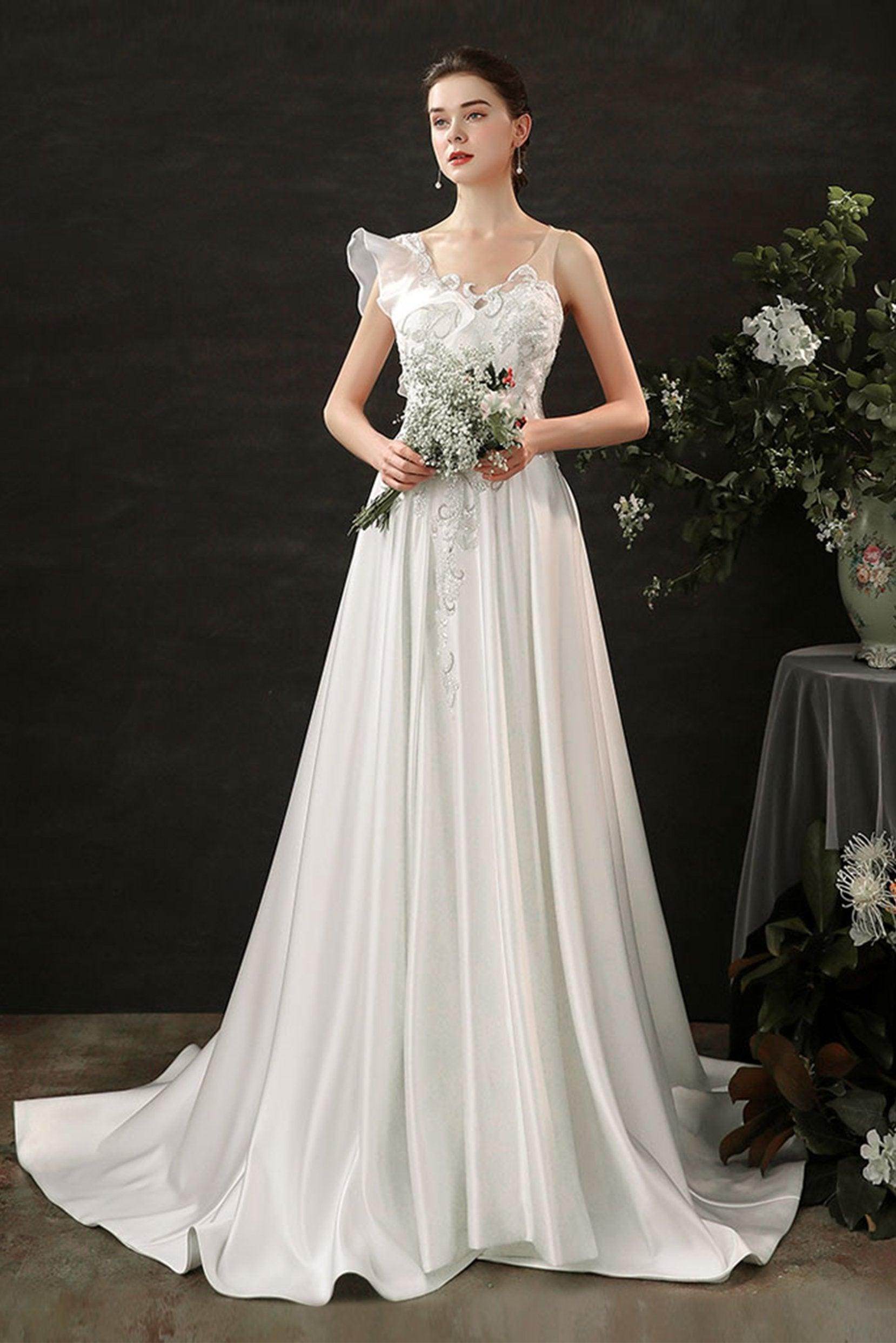 A-Line V-Neck Court Train Satin Wedding Dress COCOMELODY CW2683, 25 Days / As Picture / US10-UK12-EUR40 A-Line V-Neck Court Train Satin Wedding Dress COCOMELODY CW2683, 25 Days / As Picture / US10-UK12-EUR40