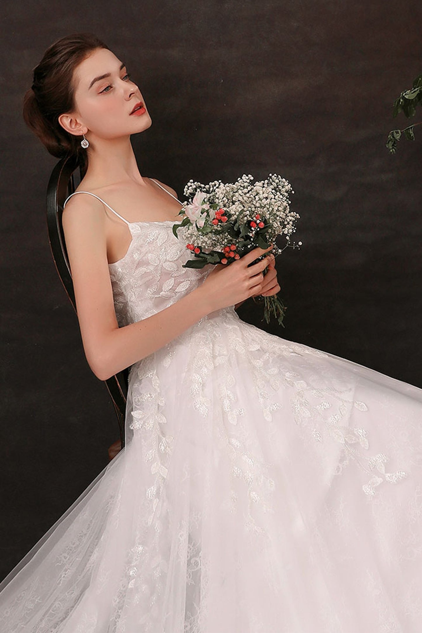 A-Line Sweep-Brush Train Lace Tulle Wedding Dress CW2684