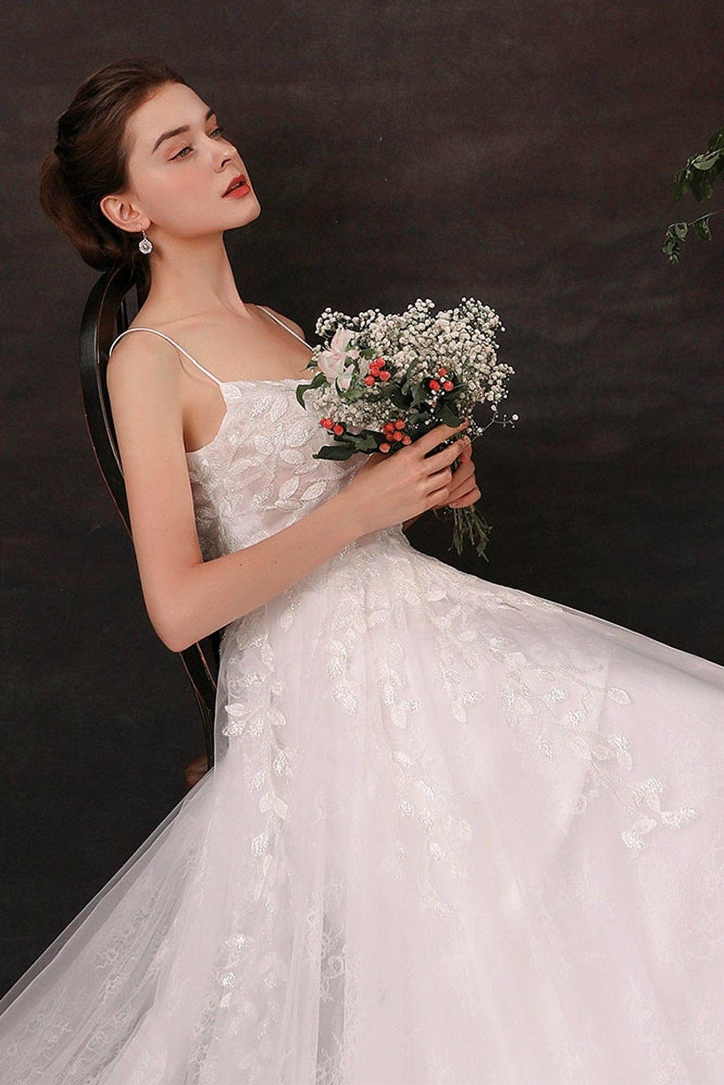 A-Line Sweep-Brush Train Lace Tulle Wedding Dress CW2684 - COCOMELODY
