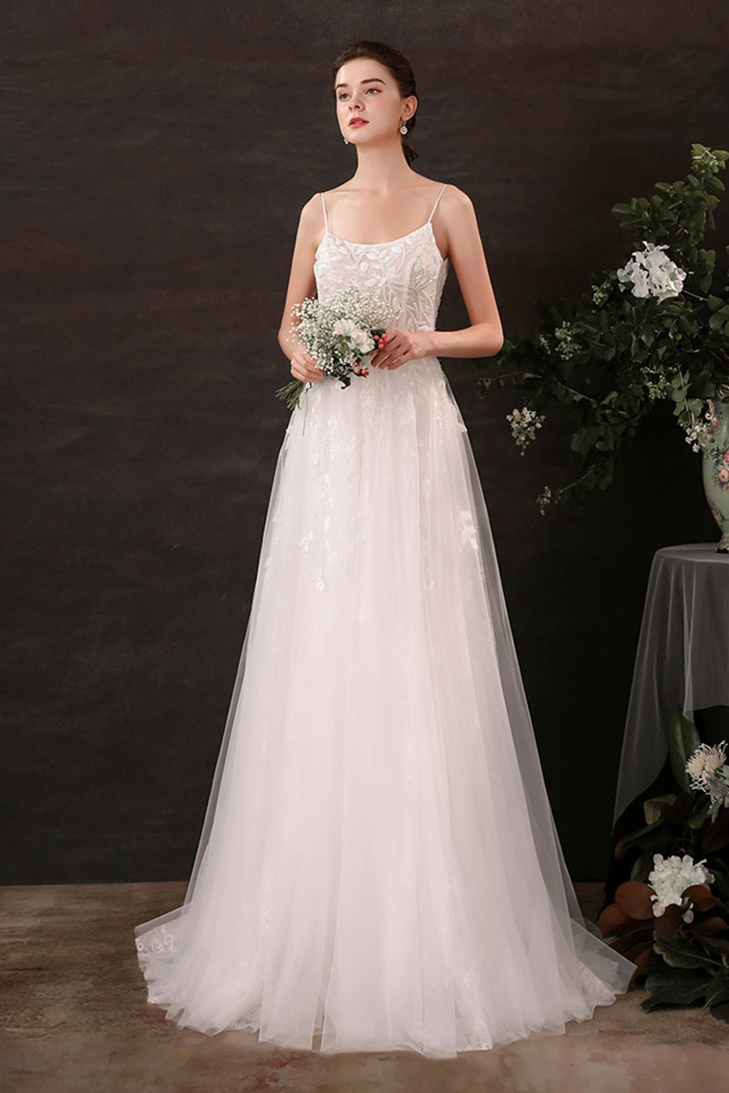 A-Line Sweep-Brush Train Lace Tulle Wedding Dress CW2684