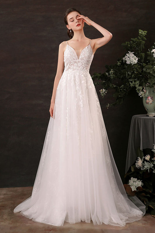 A-Line Sweep-Brush Train Lace Tulle Wedding Dress CW2685