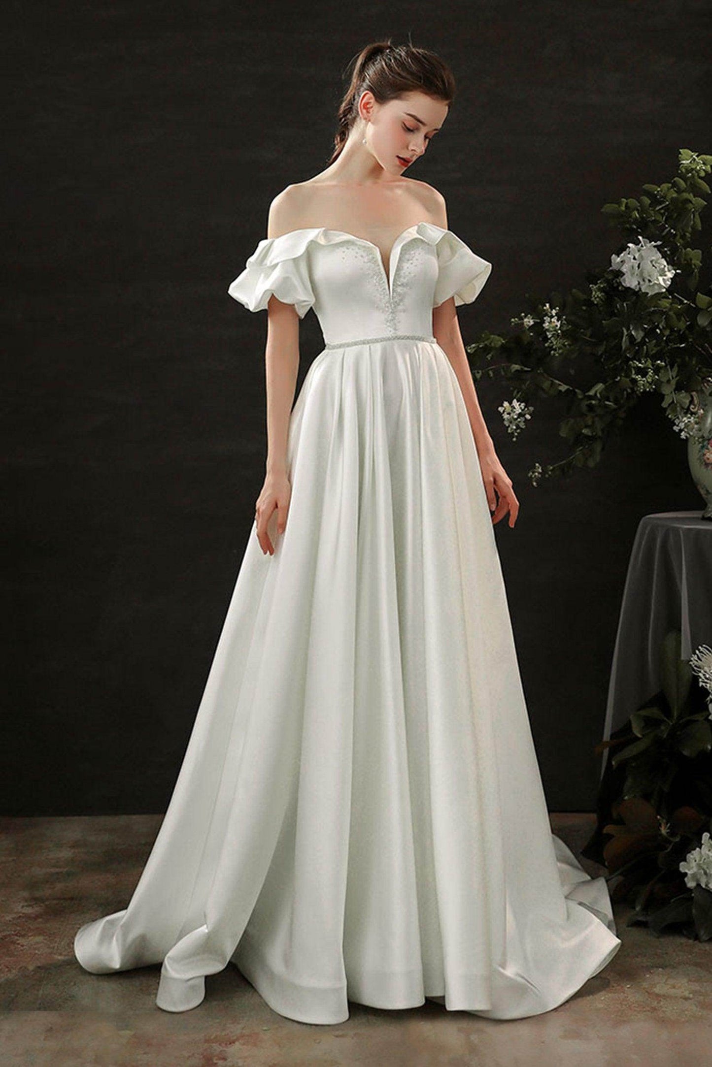 A-Line Court Train Satin Wedding Dress CW2687 - COCOMELODY