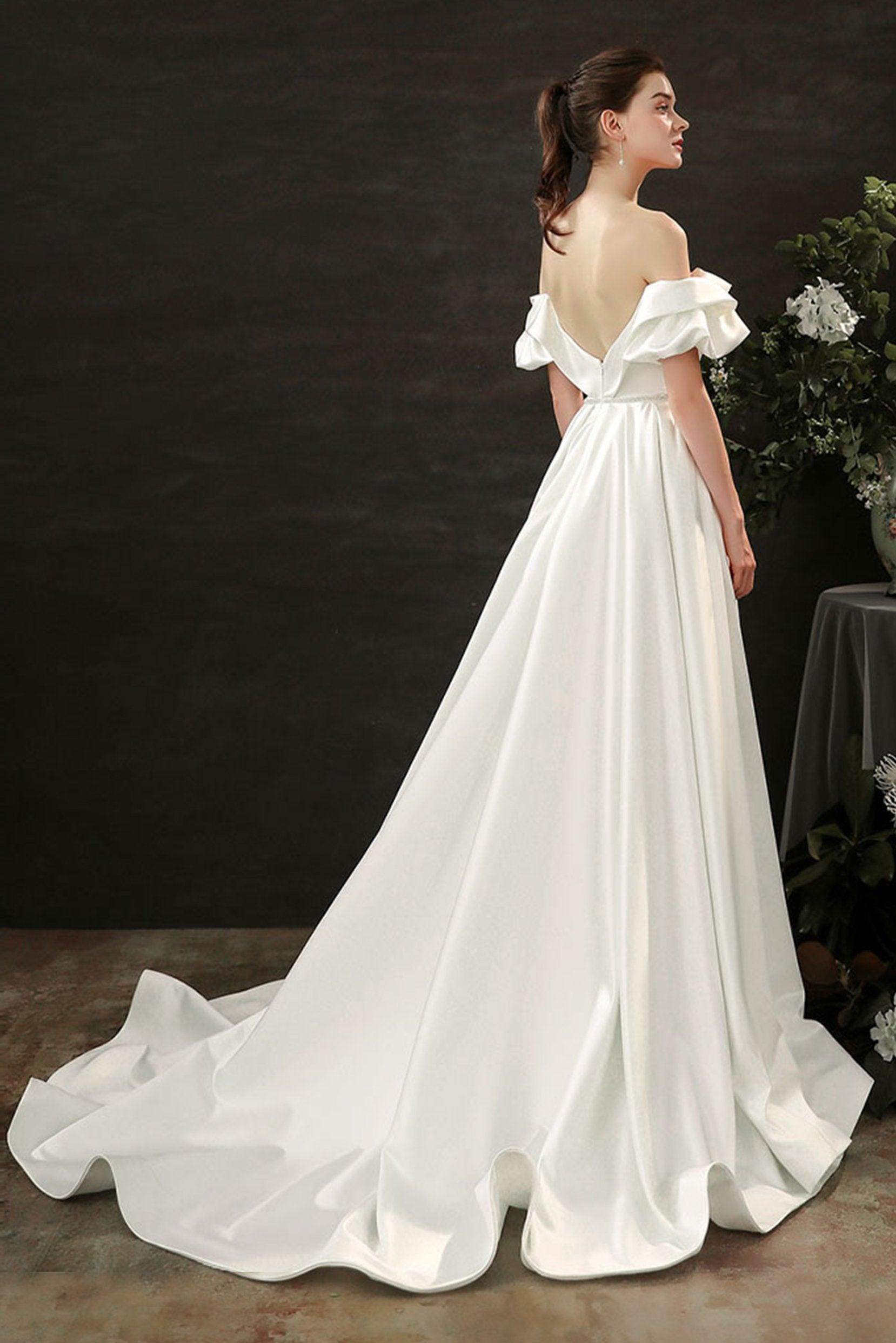 A-Line Court Train Satin Wedding Dress CW2687 - COCOMELODY