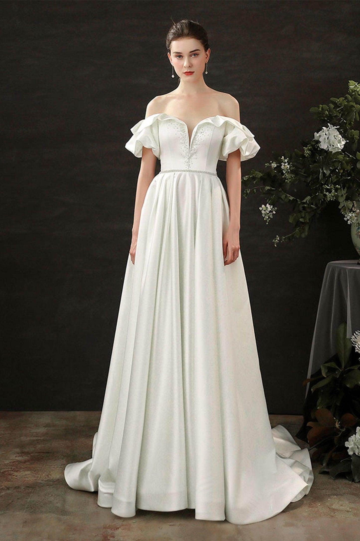 A-Line Court Train Satin Wedding Dress CW2687 - COCOMELODY