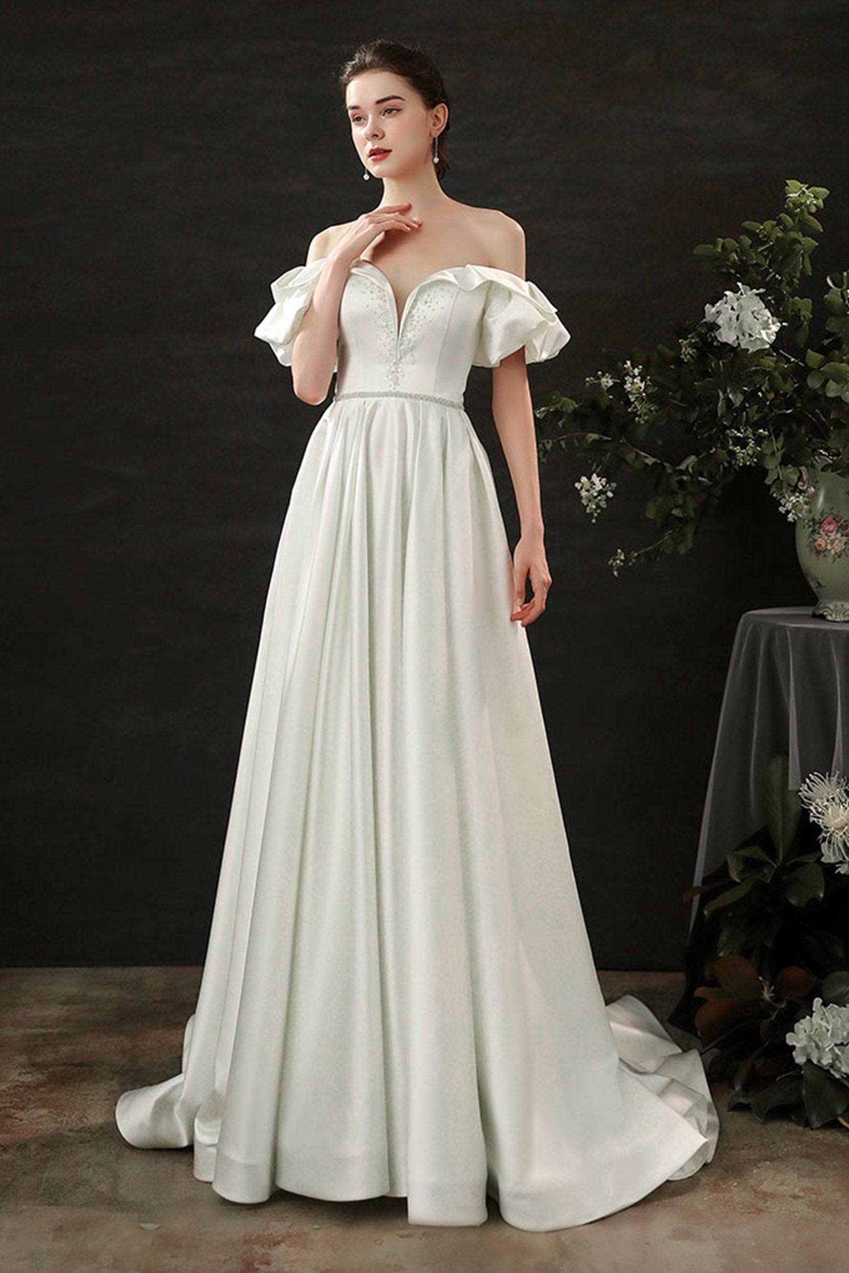 A-Line Court Train Satin Wedding Dress CW2687 - COCOMELODY