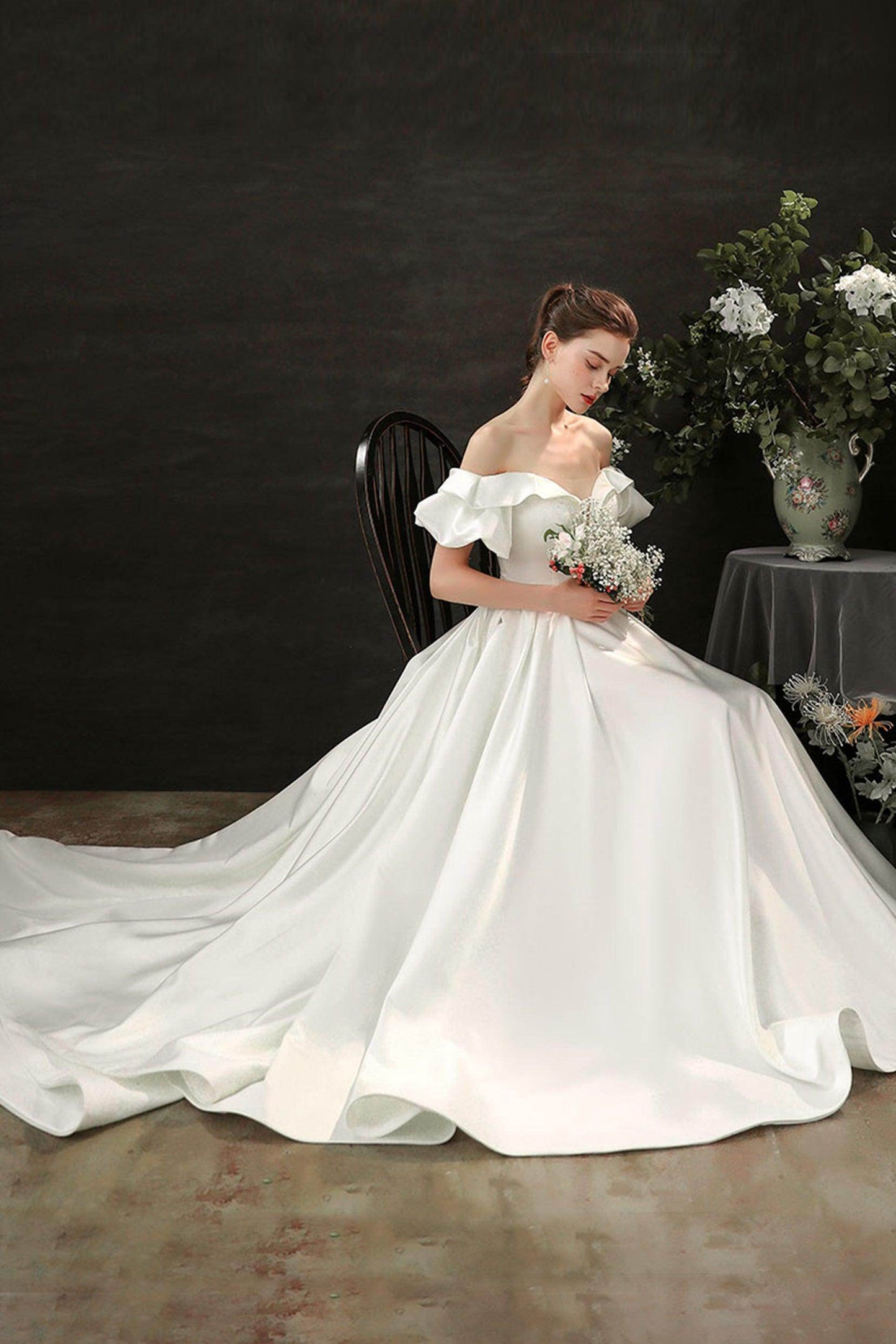 A-Line Court Train Satin Wedding Dress CW2687 - COCOMELODY