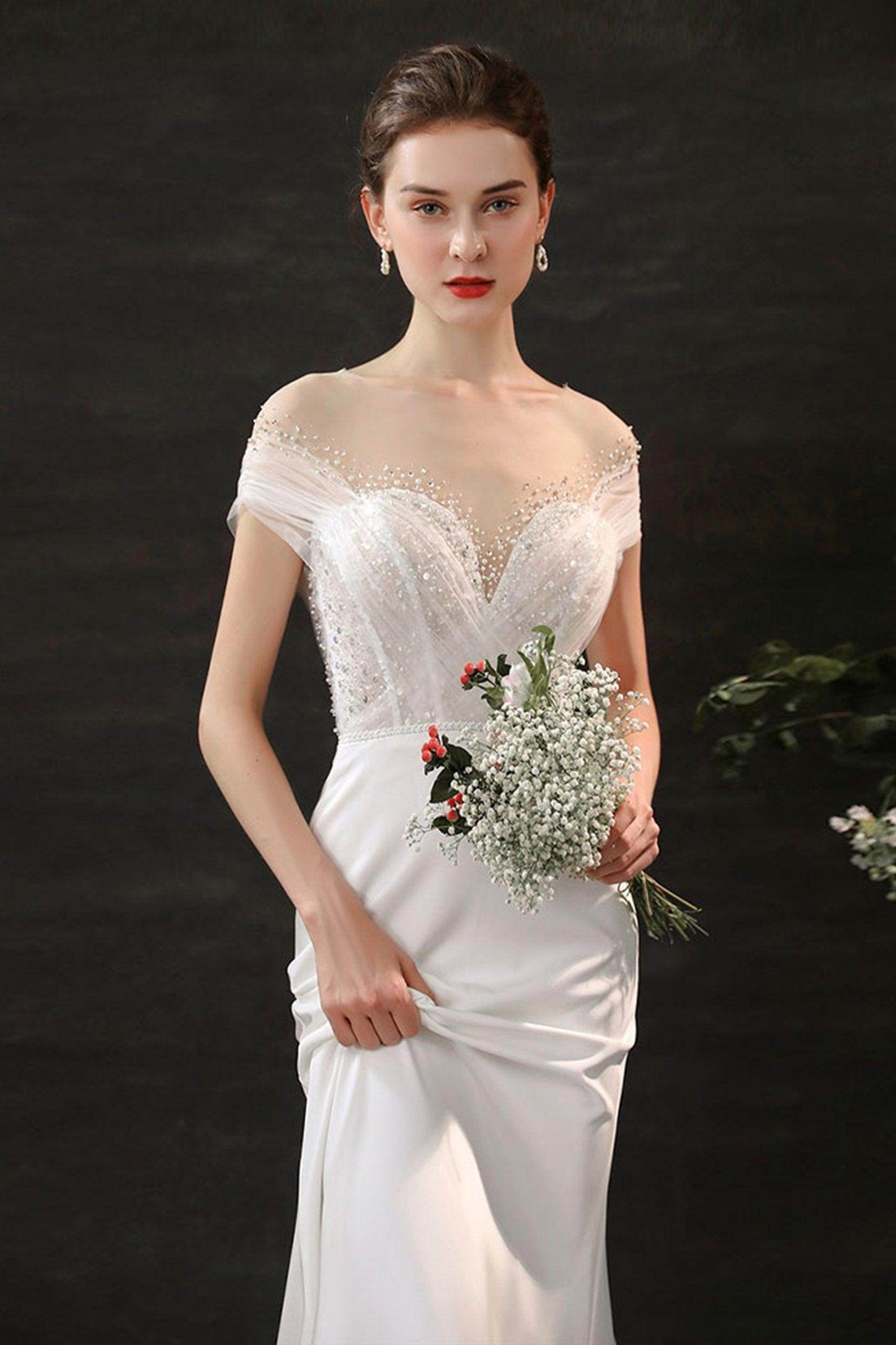 Mermaid Sweep-Brush Train Lace Tulle Wedding Dress CW2689 - COCOMELODY
