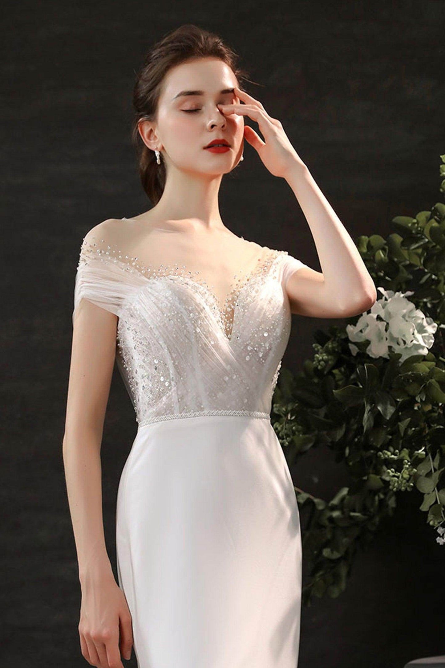 Mermaid Sweep-Brush Train Lace Tulle Wedding Dress CW2689 - COCOMELODY