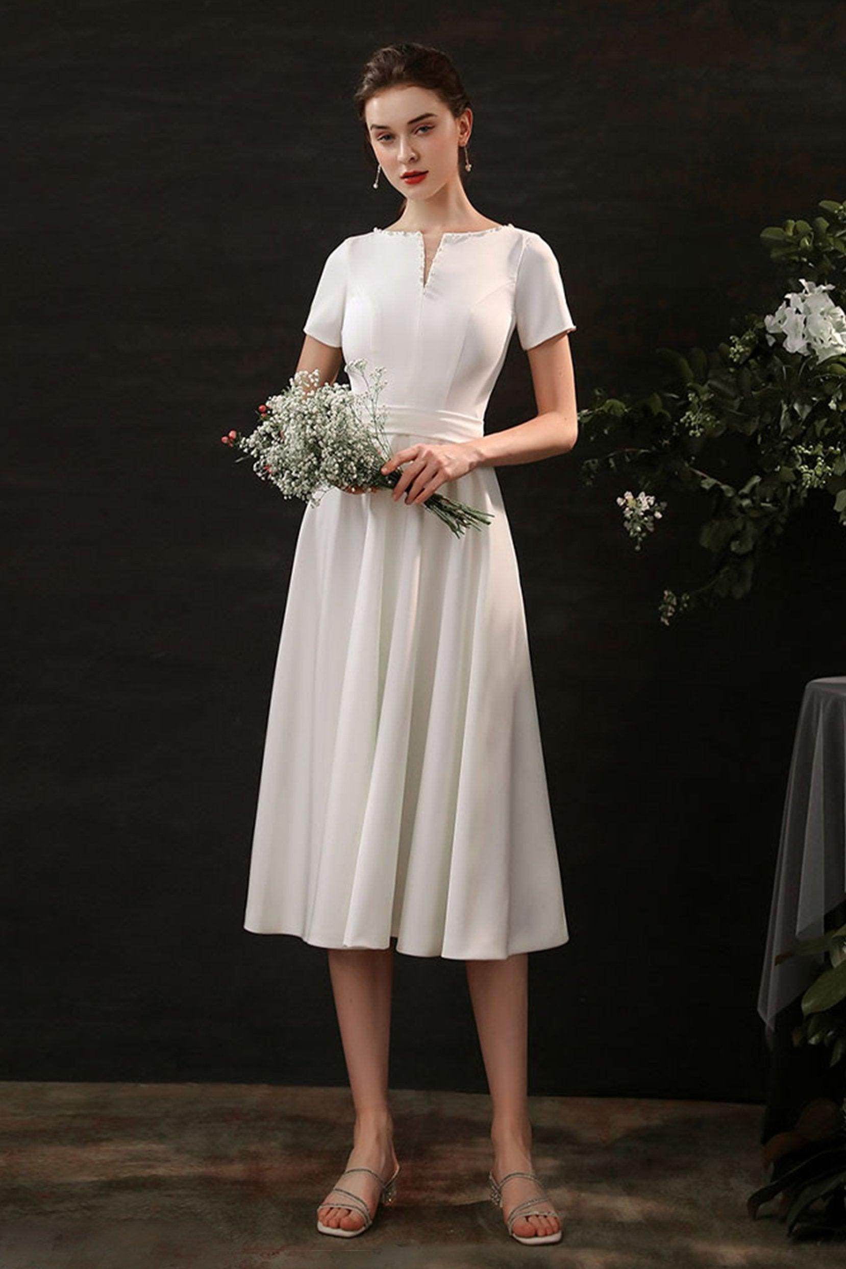Sheath-Column Jewel Tea Length Satin Short Sleeve Zipper Wedding Dress CW2694, 25 Days / As Picture / US0-UK2-EUR30 Sheath-Column Jewel Tea Length Satin Short Sleeve Zipper Wedding Dress CW2694, 25 Days / As Picture / US0-UK2-EUR30