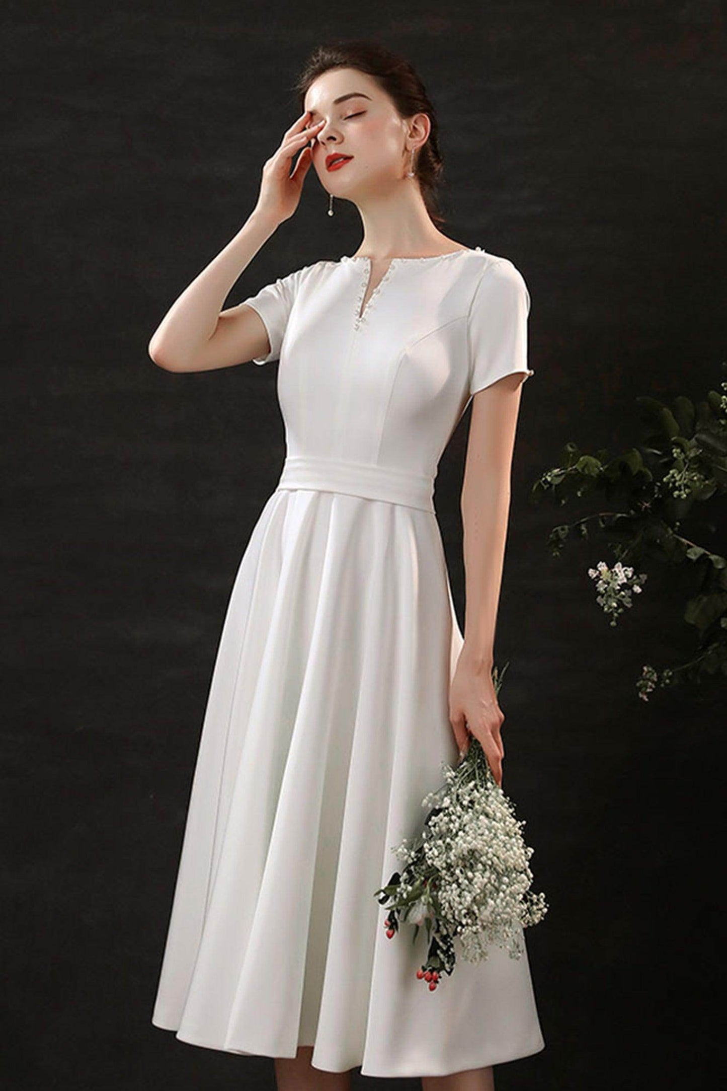 Sheath-Column Tea Length Satin Wedding Dress CW2694 - COCOMELODY