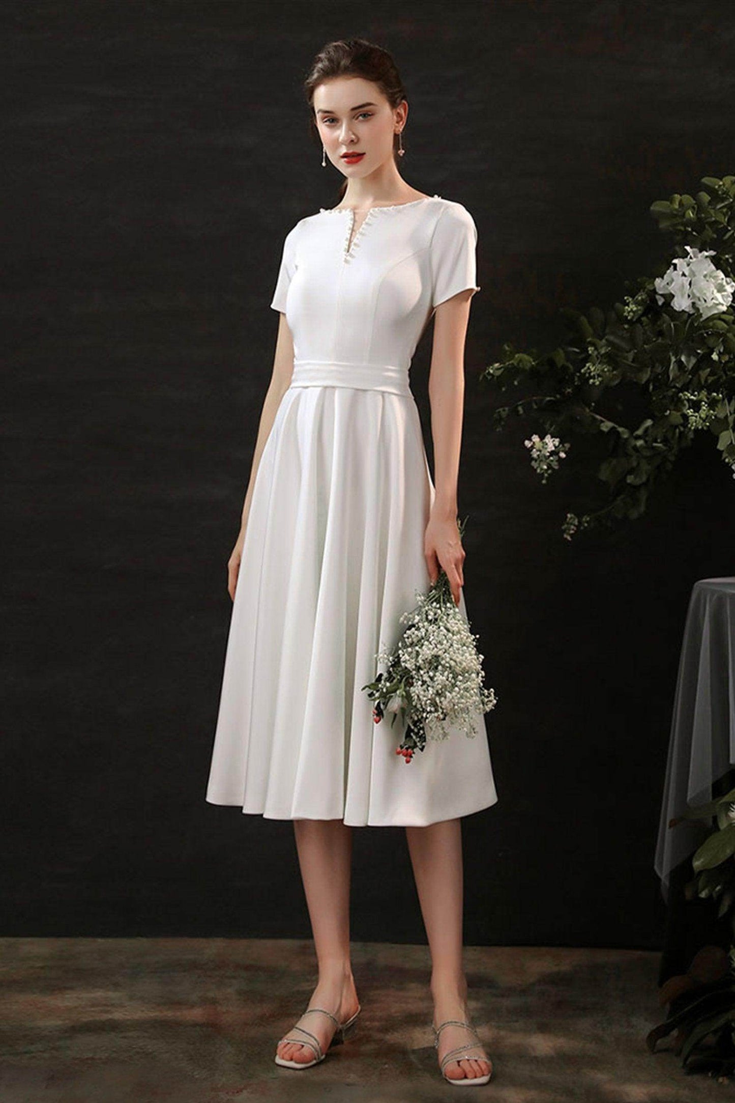 Sheath-Column Tea Length Satin Wedding Dress CW2694 - COCOMELODY