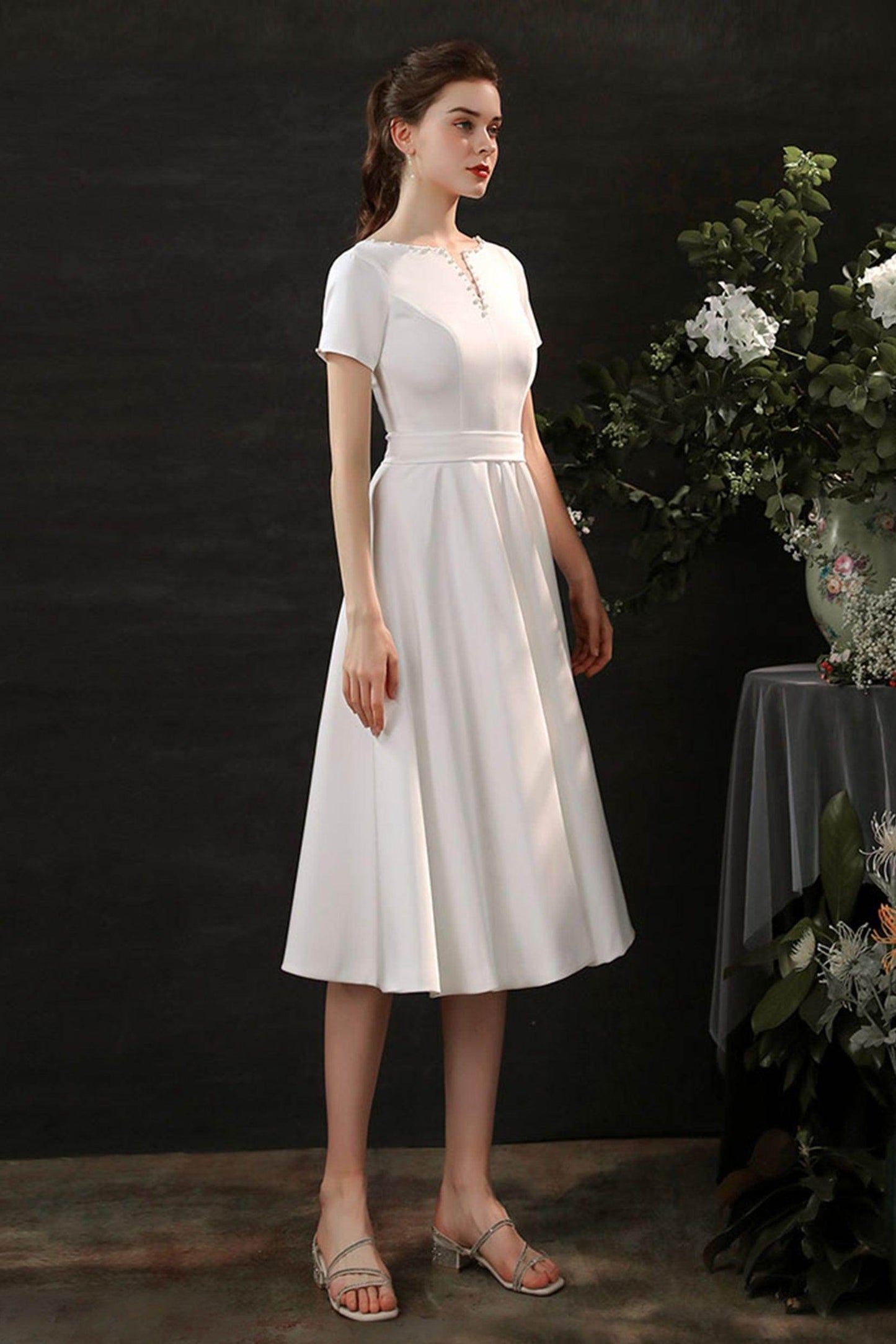 Sheath-Column Tea Length Satin Wedding Dress CW2694 - COCOMELODY