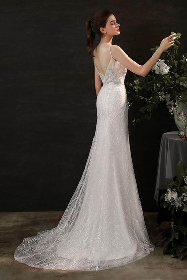 Sheath Sweep-Brush Train Lace Tulle Wedding Dress CW2699 - COCOMELODY