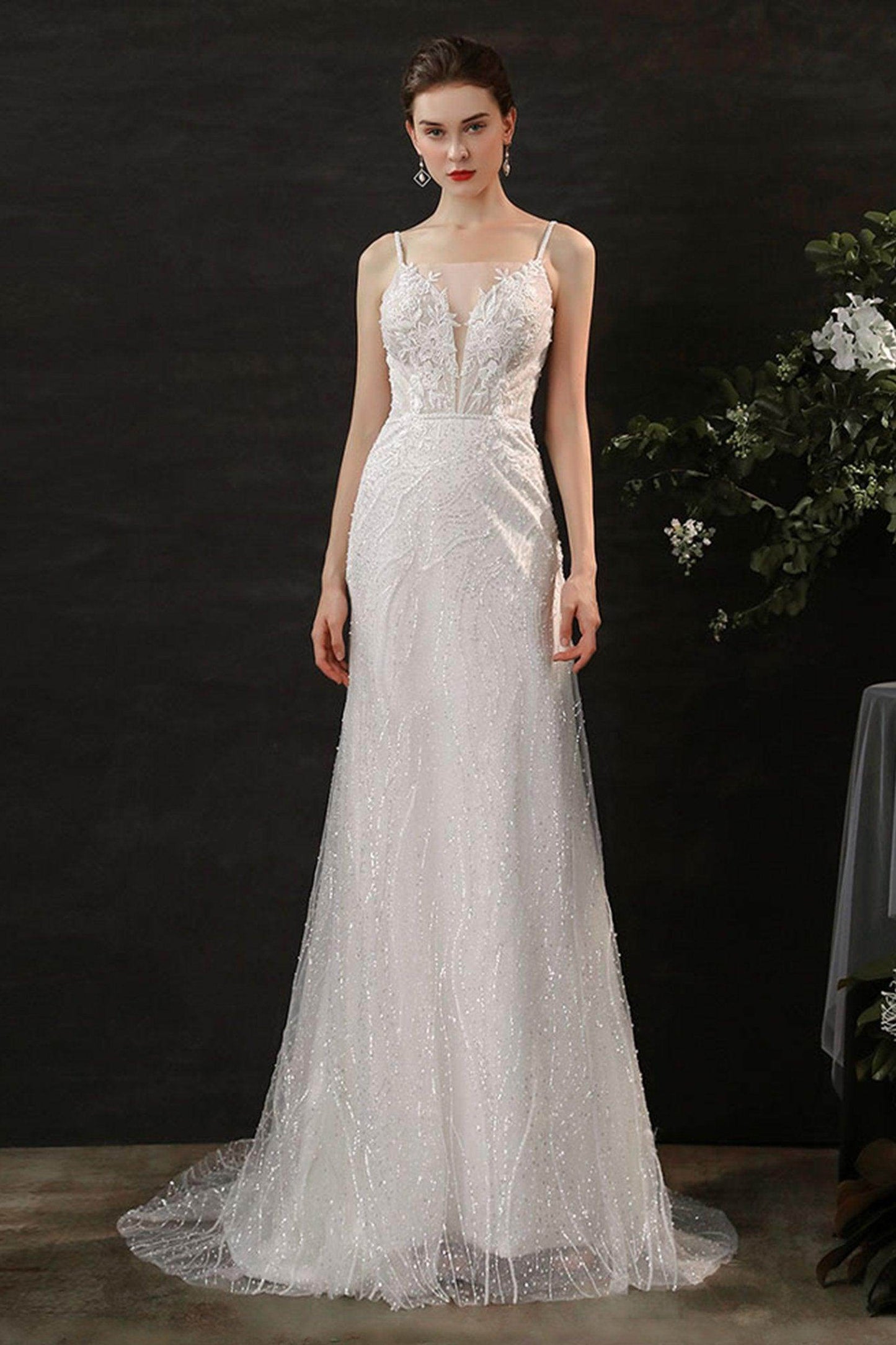 Sheath Sweep-Brush Train Lace Tulle Wedding Dress CW2699 - COCOMELODY