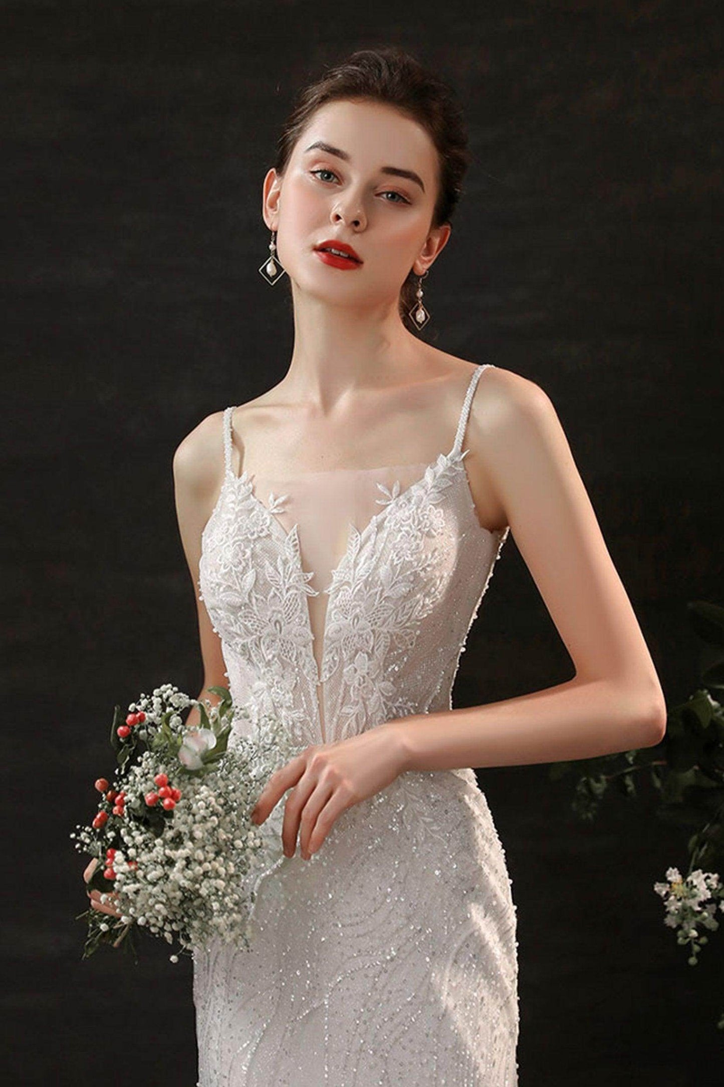 Sheath Sweep-Brush Train Lace Tulle Wedding Dress CW2699 - COCOMELODY